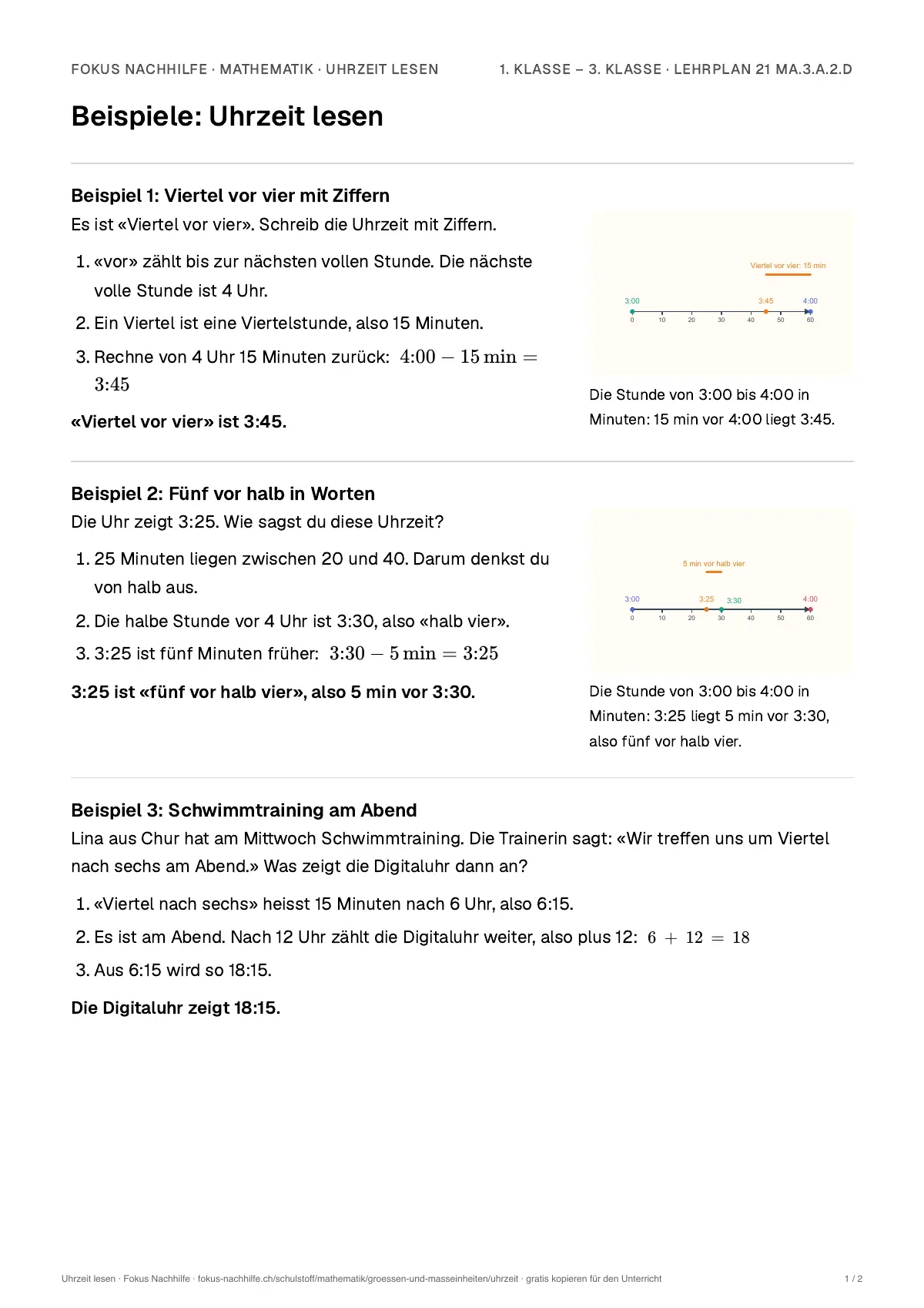 Beispiele Uhrzeit lesen zum Ausdrucken: erste Seite, Aufgaben Schritt für Schritt gelöst