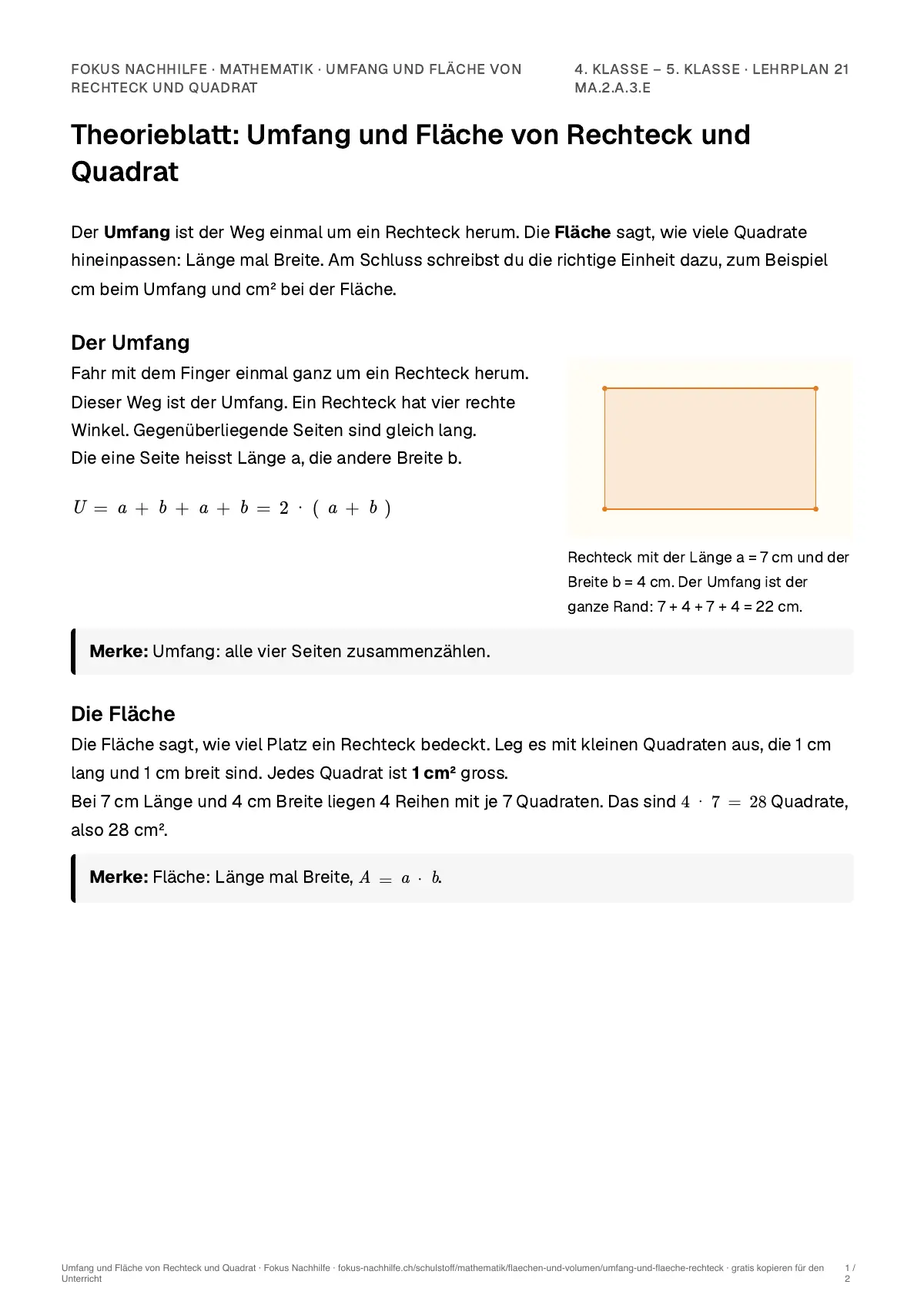 Theorieblatt Umfang und Fläche von Rechteck und Quadrat zum Ausdrucken: erste Seite der Erklärung