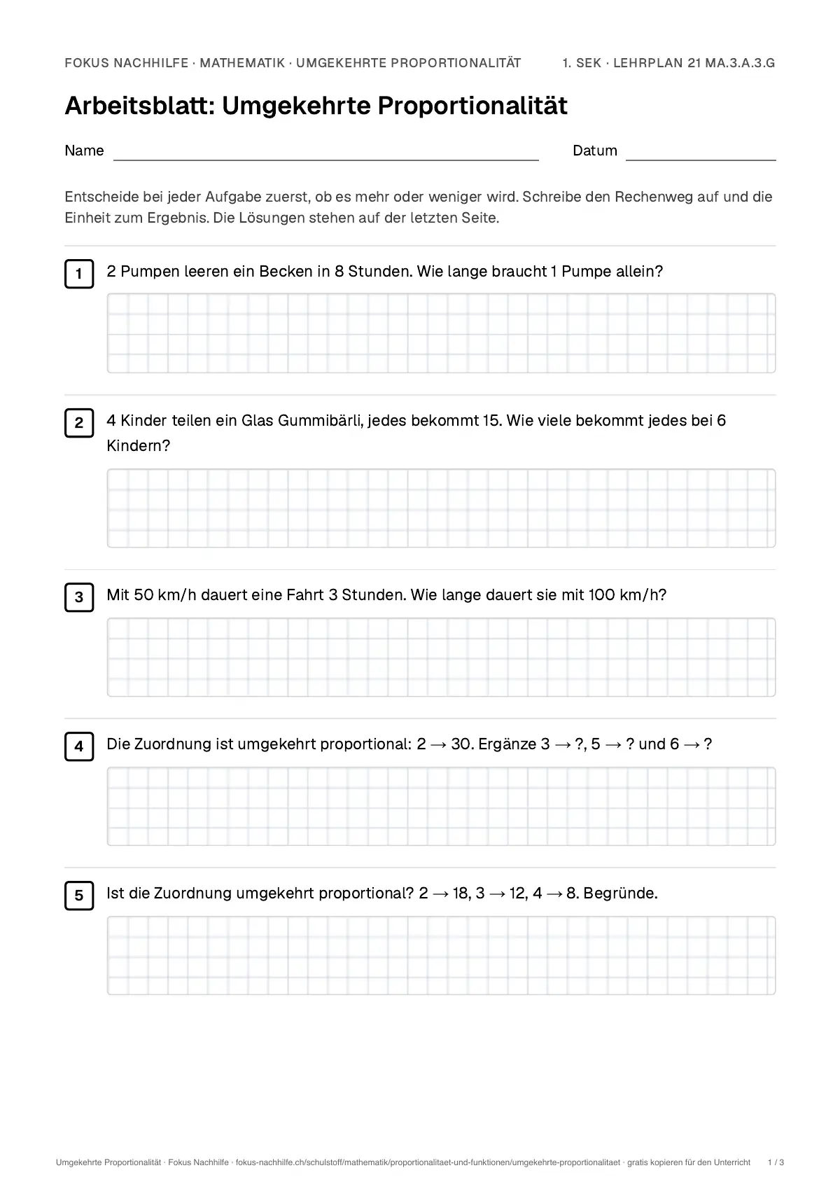 Arbeitsblatt Umgekehrte Proportionalität zum Ausfüllen mit Name und Datum: erste Seite, mit Lösungsblatt