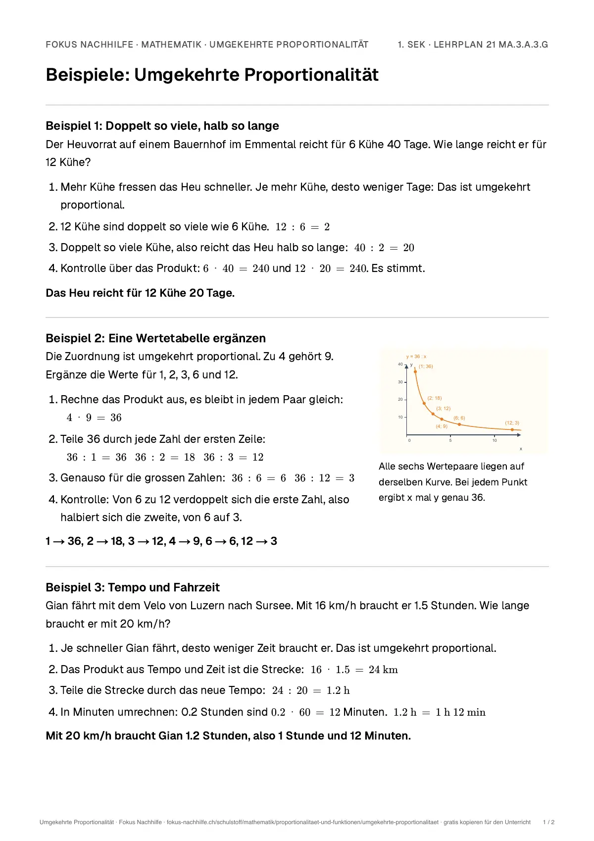 Beispiele Umgekehrte Proportionalität zum Ausdrucken: erste Seite, Aufgaben Schritt für Schritt gelöst