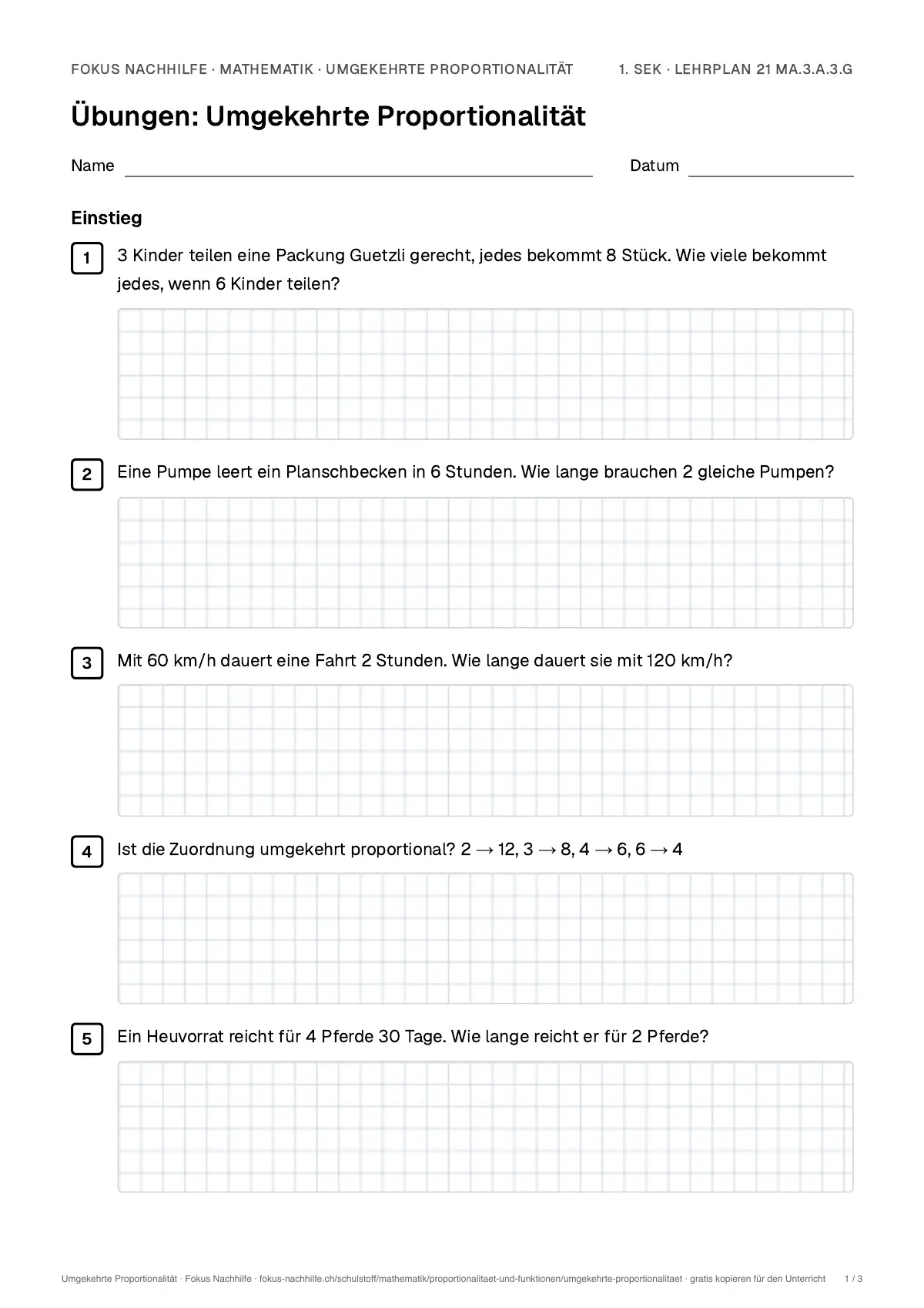 Übungsblatt Umgekehrte Proportionalität zum Ausdrucken: erste Seite der Übungen, Lösungen auf eigenem Blatt