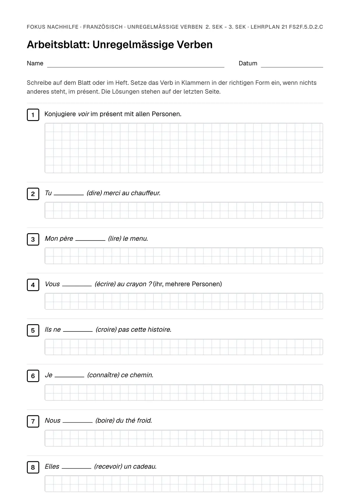 Arbeitsblatt Unregelmässige Verben zum Ausfüllen mit Name und Datum: erste Seite, mit Lösungsblatt