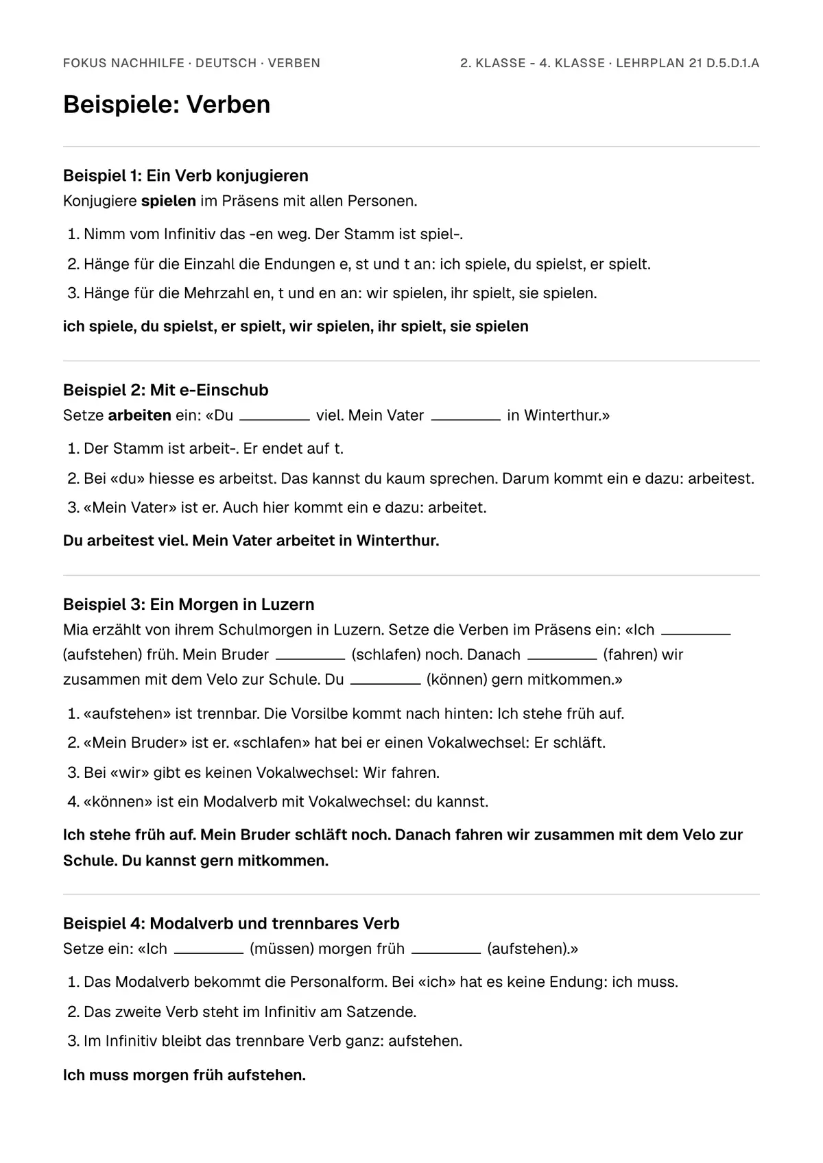 Beispiele Verben zum Ausdrucken: erste Seite, Aufgaben Schritt für Schritt gelöst