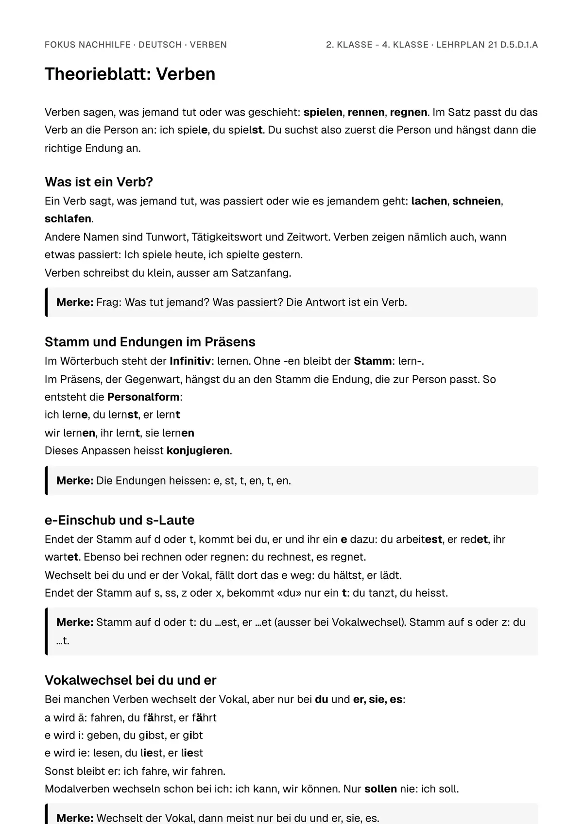 Theorieblatt Verben zum Ausdrucken: erste Seite der Erklärung