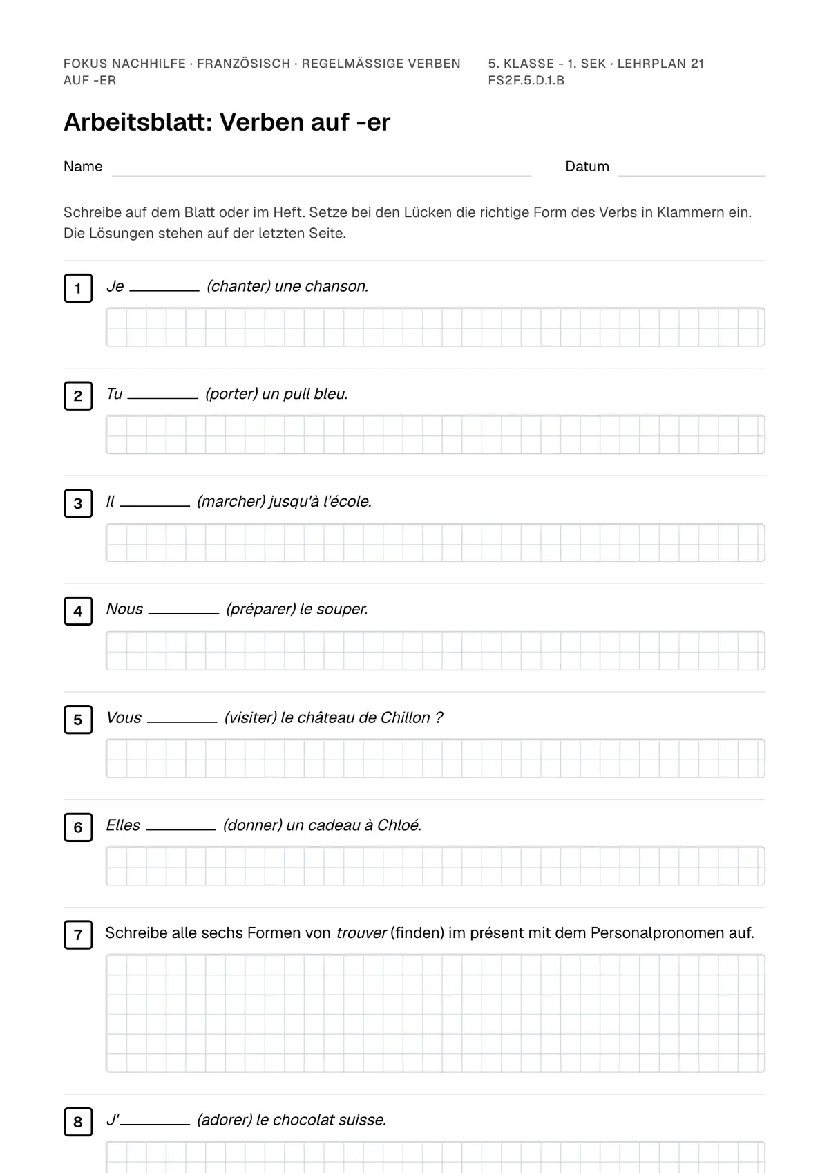 Arbeitsblatt Regelmässige Verben auf -er zum Ausfüllen mit Name und Datum: erste Seite, mit Lösungsblatt
