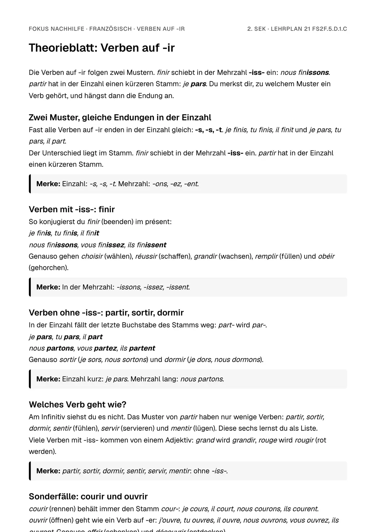 Theorieblatt Verben auf -ir zum Ausdrucken: erste Seite der Erklärung