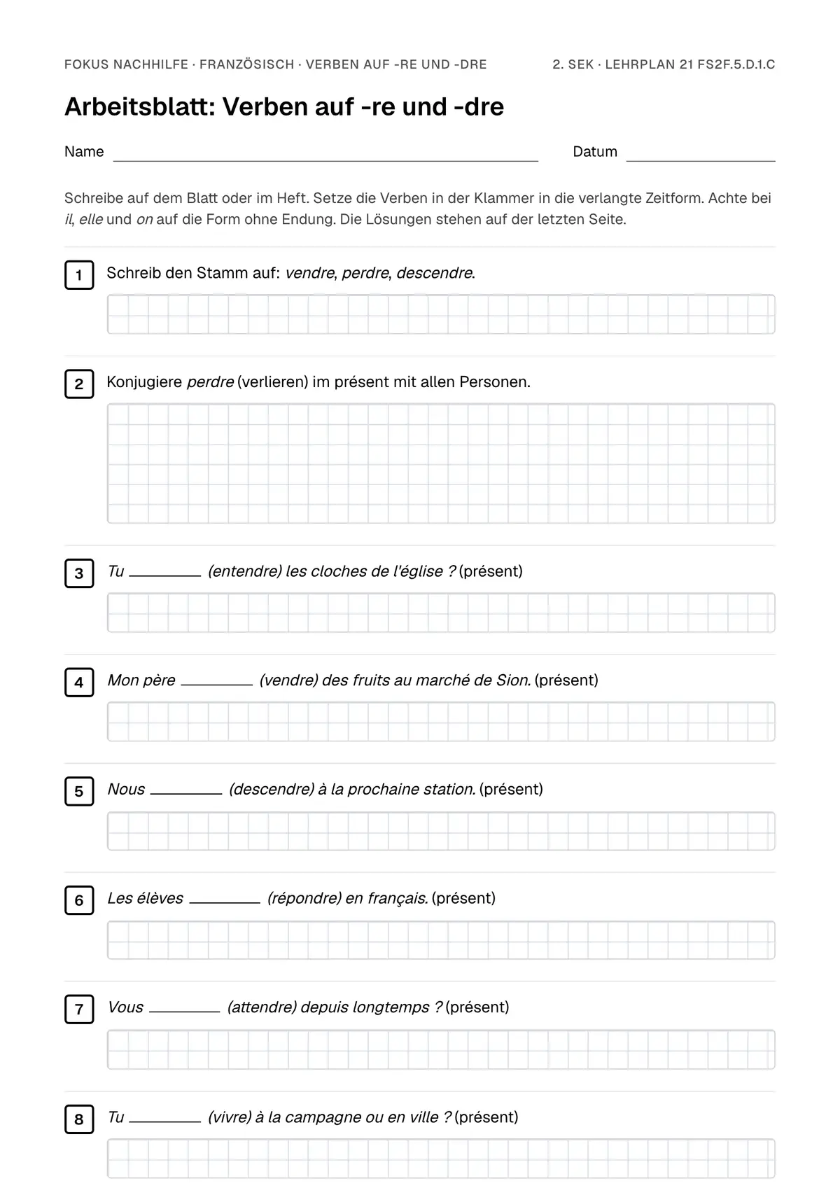 Arbeitsblatt Verben auf -re und -dre zum Ausfüllen mit Name und Datum: erste Seite, mit Lösungsblatt