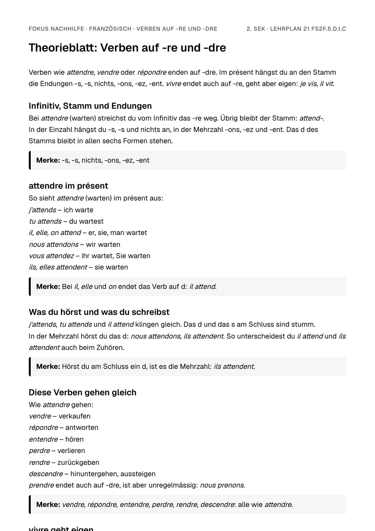 Theorieblatt Verben auf -re und -dre zum Ausdrucken: erste Seite der Erklärung
