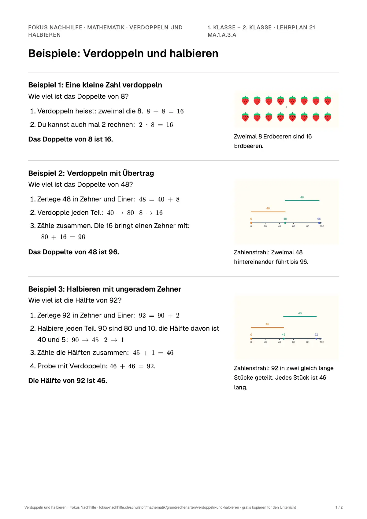 Beispiele Verdoppeln und halbieren zum Ausdrucken: erste Seite, Aufgaben Schritt für Schritt gelöst