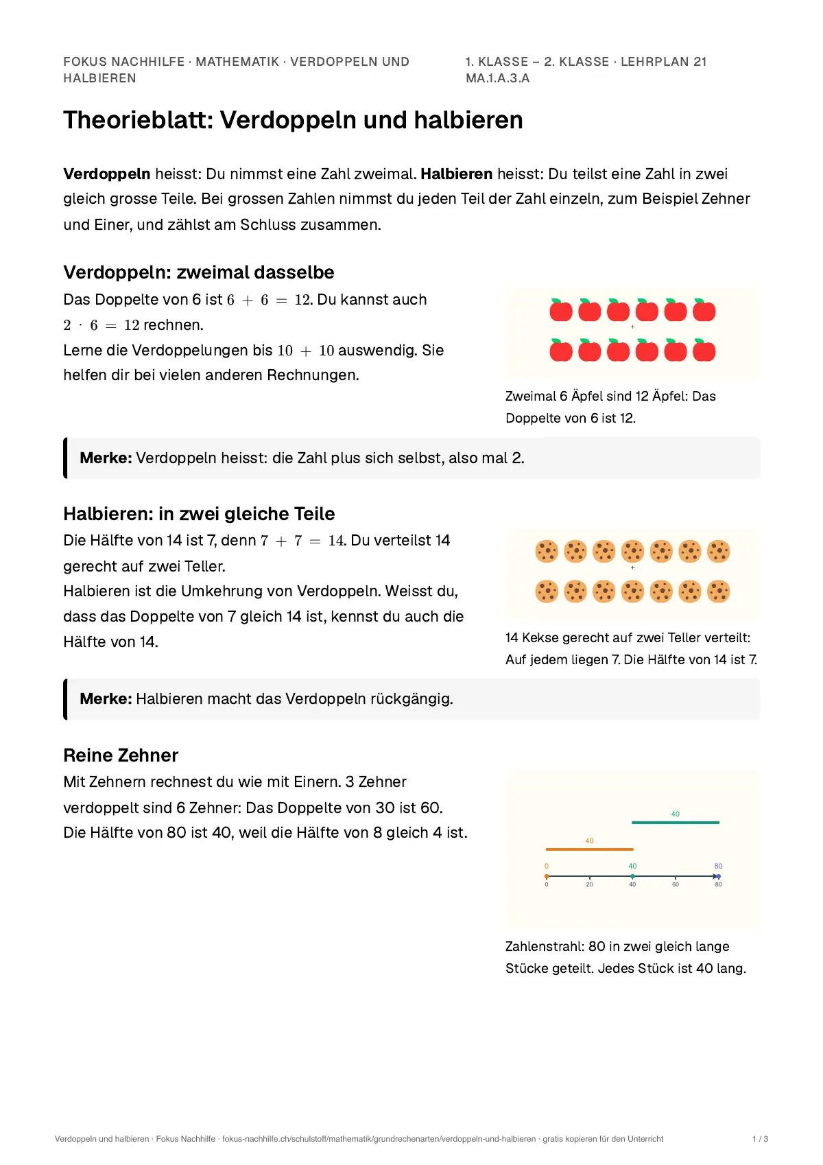 Theorieblatt Verdoppeln und halbieren zum Ausdrucken: erste Seite der Erklärung