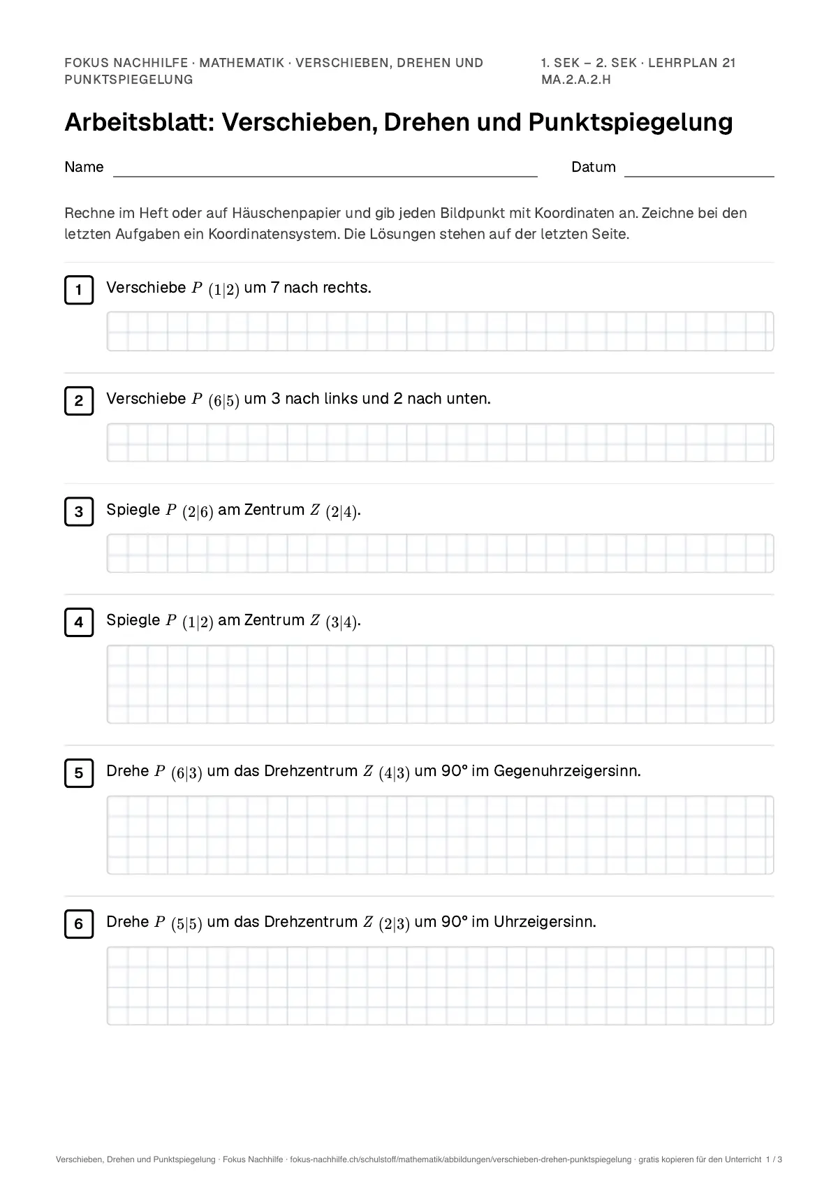 Arbeitsblatt Verschieben, Drehen und Punktspiegelung zum Ausfüllen mit Name und Datum: erste Seite, mit Lösungsblatt