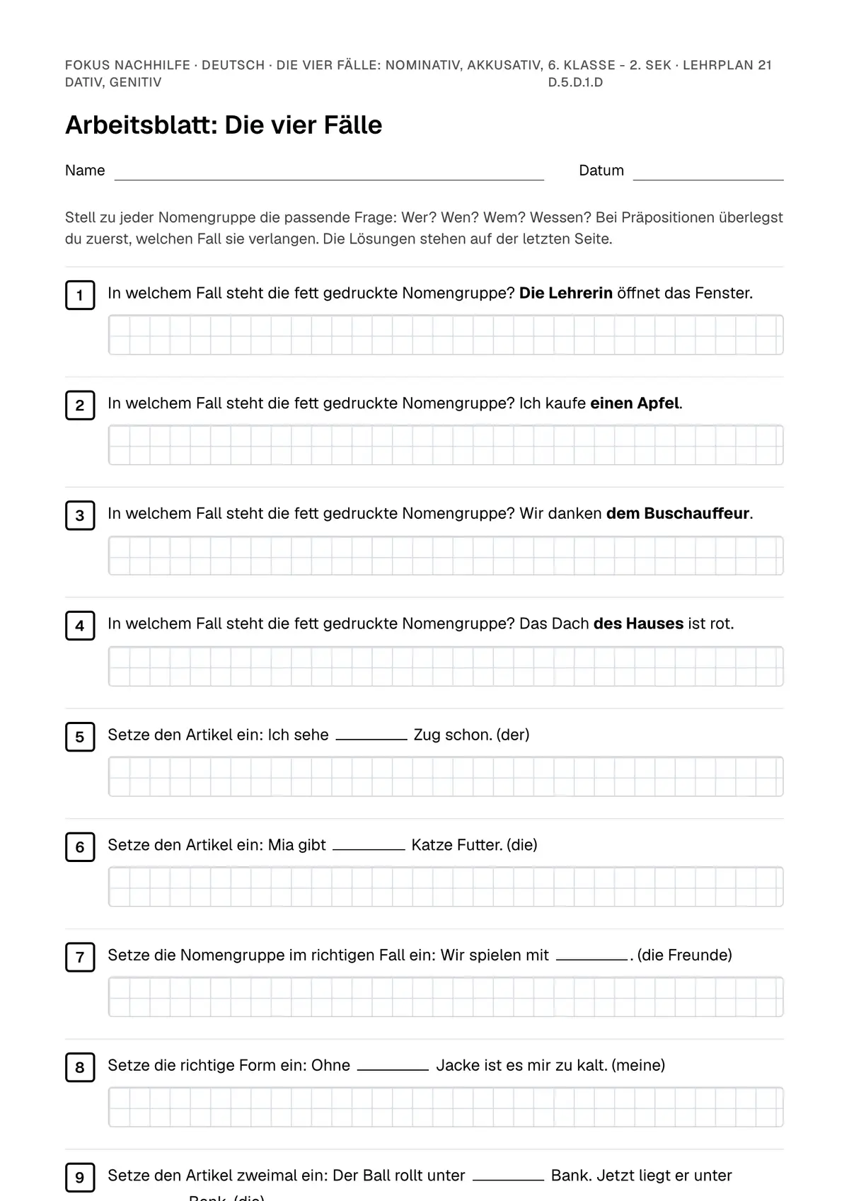 Arbeitsblatt Die vier Fälle: Nominativ, Akkusativ, Dativ, Genitiv zum Ausfüllen mit Name und Datum: erste Seite, mit Lösungsblatt