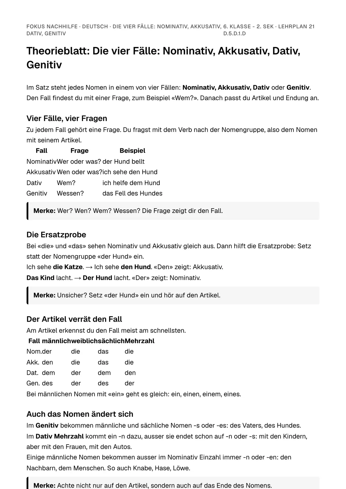 Theorieblatt Die vier Fälle: Nominativ, Akkusativ, Dativ, Genitiv zum Ausdrucken: erste Seite der Erklärung