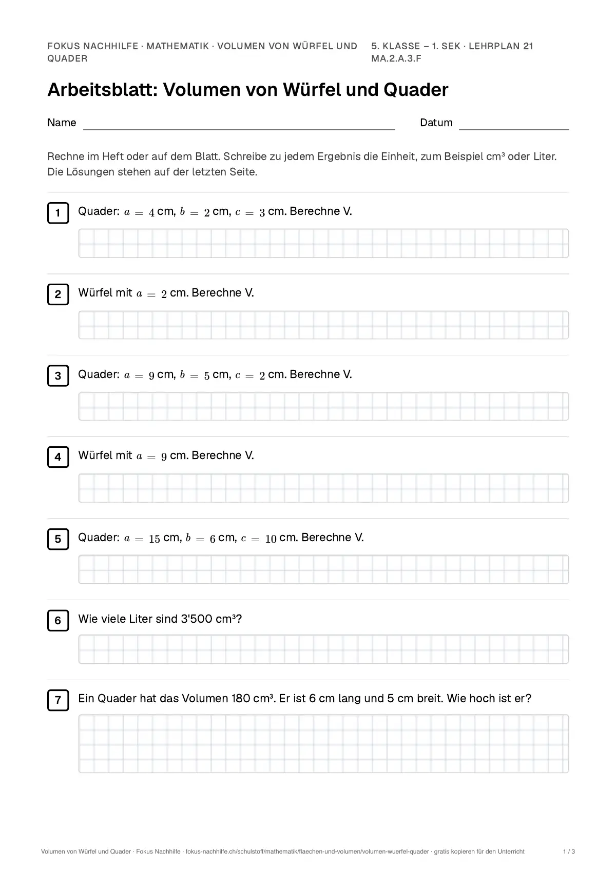 Arbeitsblatt Volumen von Würfel und Quader zum Ausfüllen mit Name und Datum: erste Seite, mit Lösungsblatt