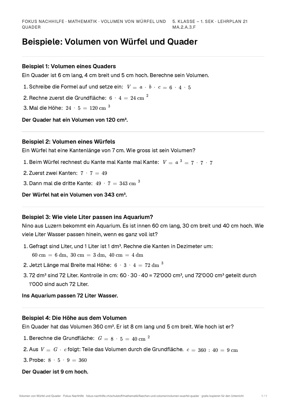 Beispiele Volumen von Würfel und Quader zum Ausdrucken: erste Seite, Aufgaben Schritt für Schritt gelöst
