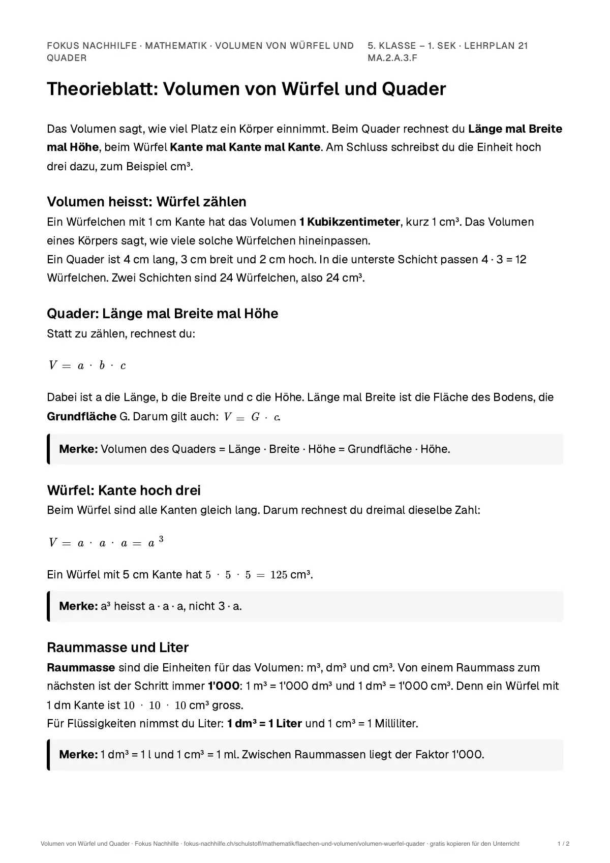 Theorieblatt Volumen von Würfel und Quader zum Ausdrucken: erste Seite der Erklärung