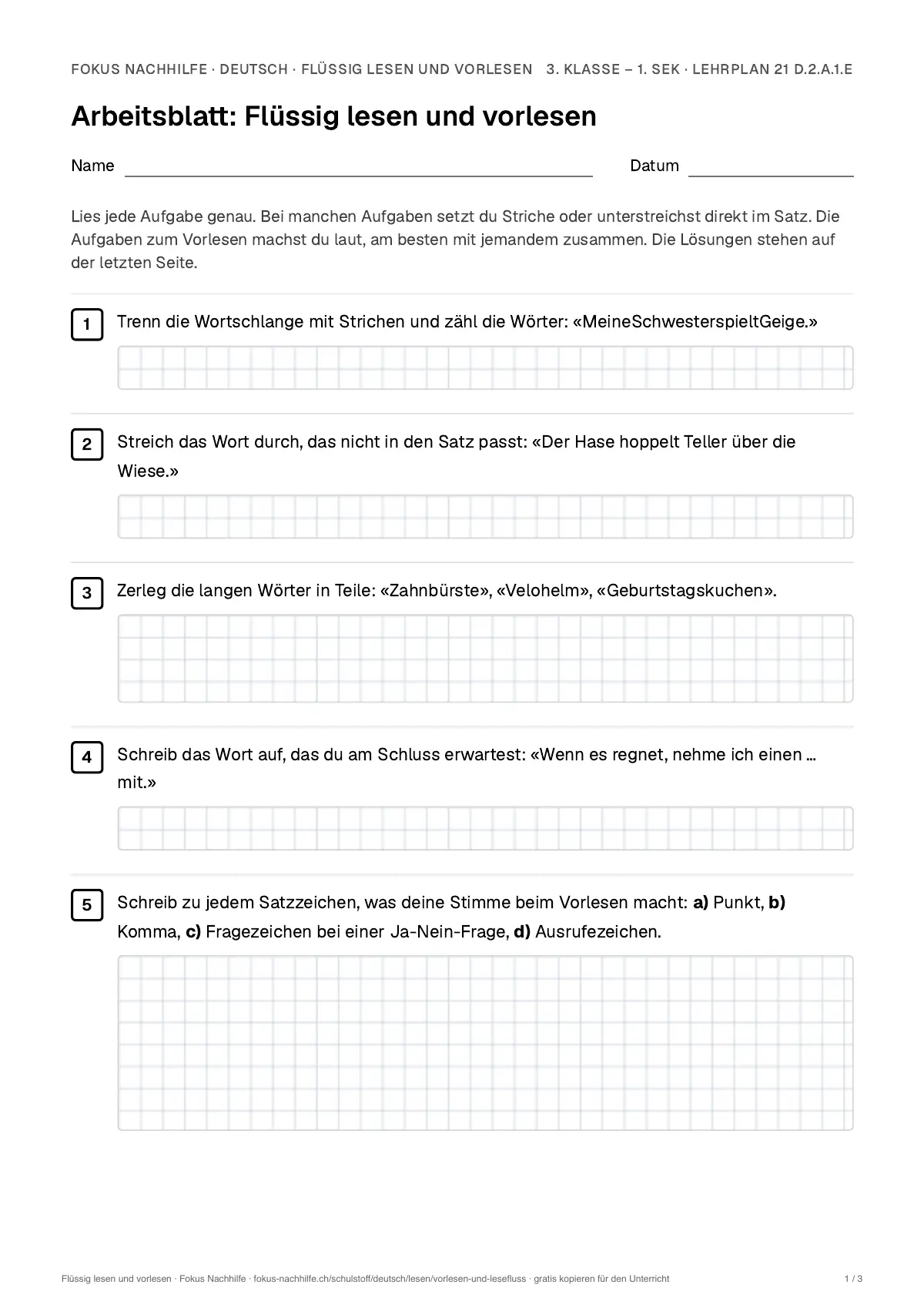 Arbeitsblatt Flüssig lesen und vorlesen zum Ausfüllen mit Name und Datum: erste Seite, mit Lösungsblatt