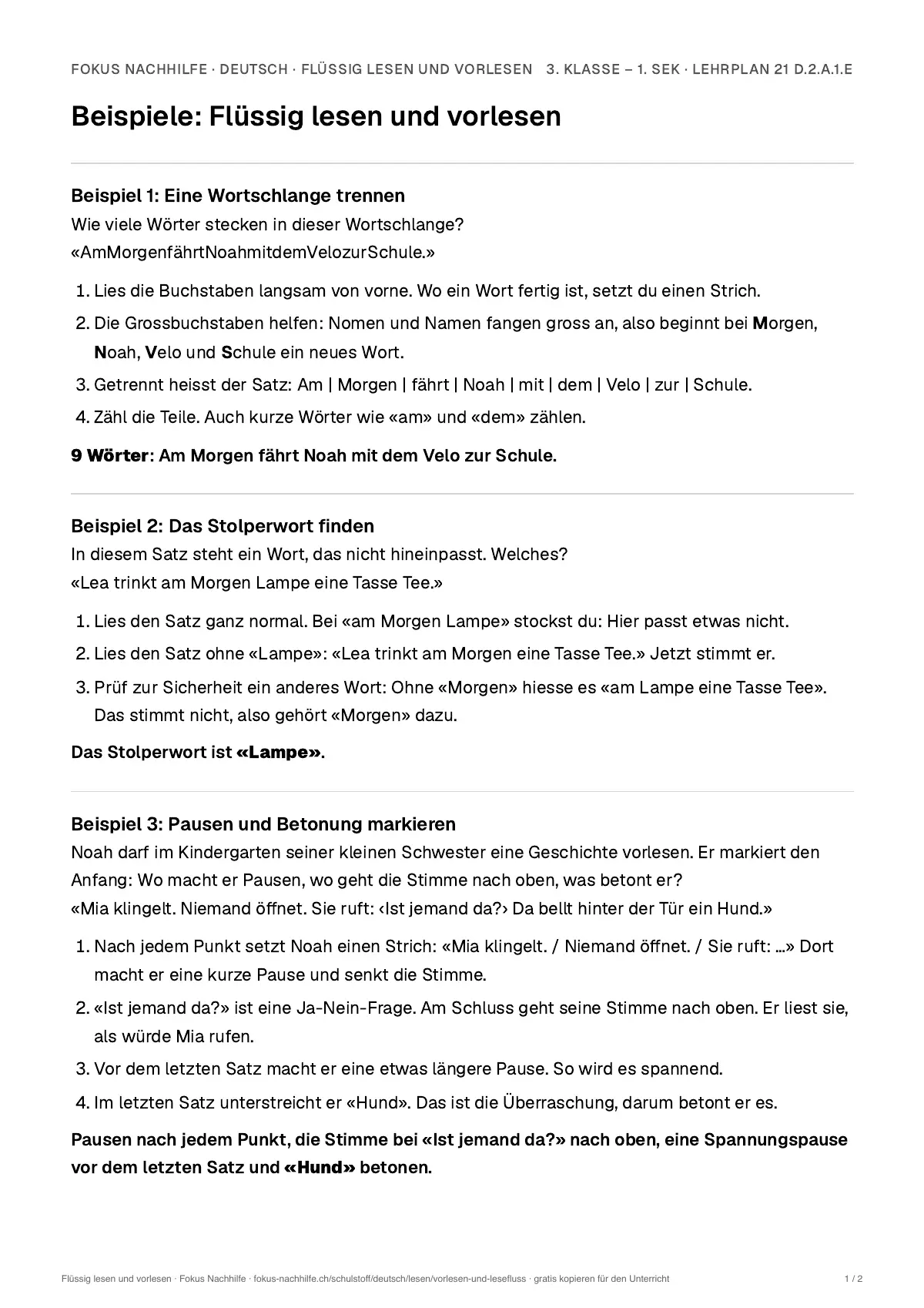 Beispiele Flüssig lesen und vorlesen zum Ausdrucken: erste Seite, Aufgaben Schritt für Schritt gelöst
