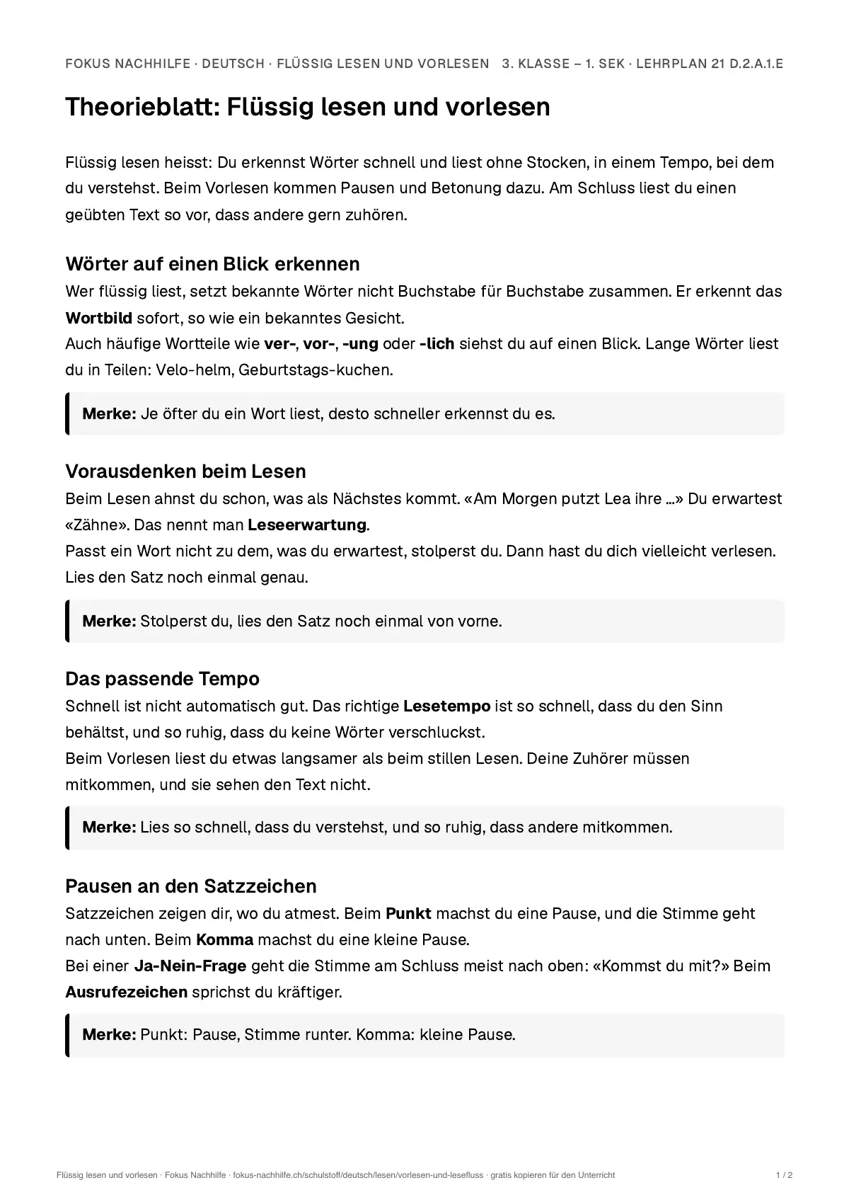 Theorieblatt Flüssig lesen und vorlesen zum Ausdrucken: erste Seite der Erklärung
