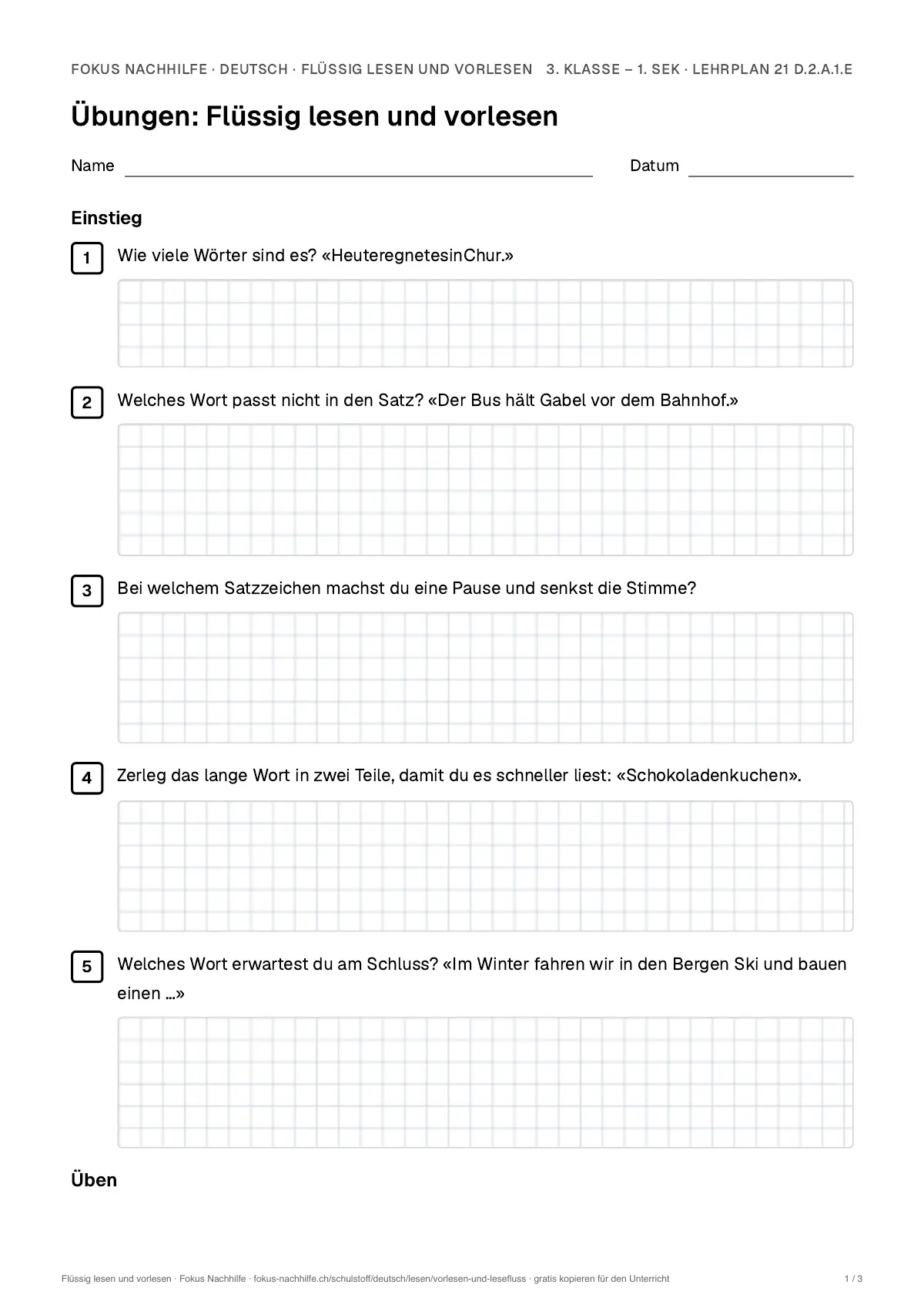 Übungsblatt Flüssig lesen und vorlesen zum Ausdrucken: erste Seite der Übungen, Lösungen auf eigenem Blatt