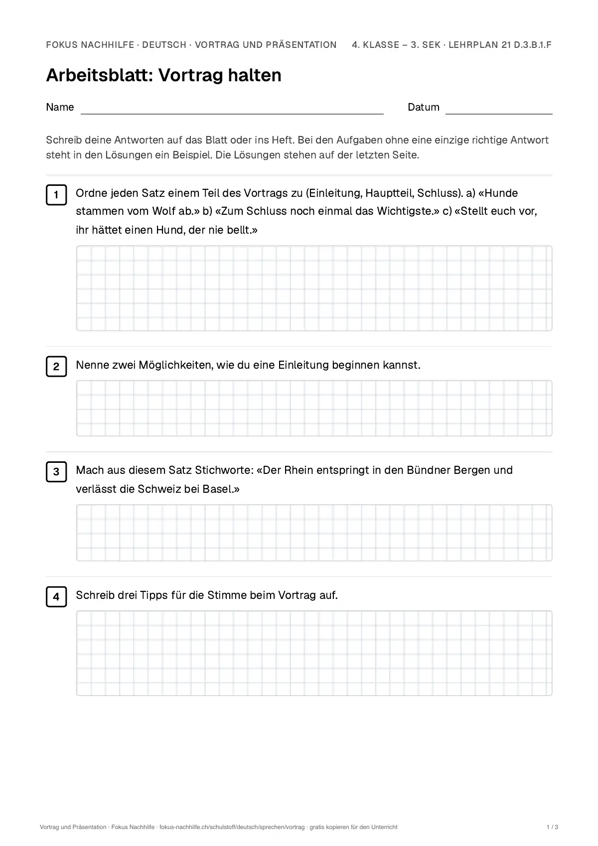 Arbeitsblatt Vortrag und Präsentation zum Ausfüllen mit Name und Datum: erste Seite, mit Lösungsblatt
