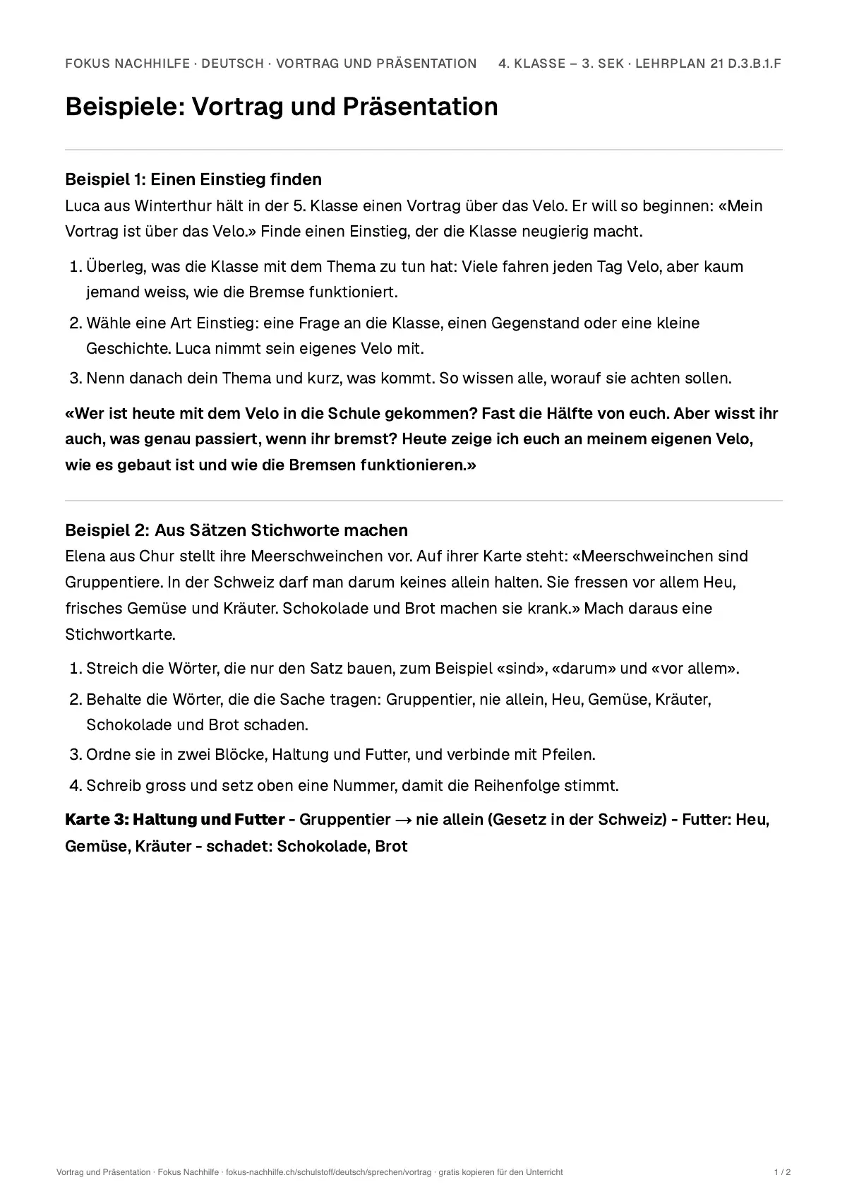 Beispiele Vortrag und Präsentation zum Ausdrucken: erste Seite, Aufgaben Schritt für Schritt gelöst