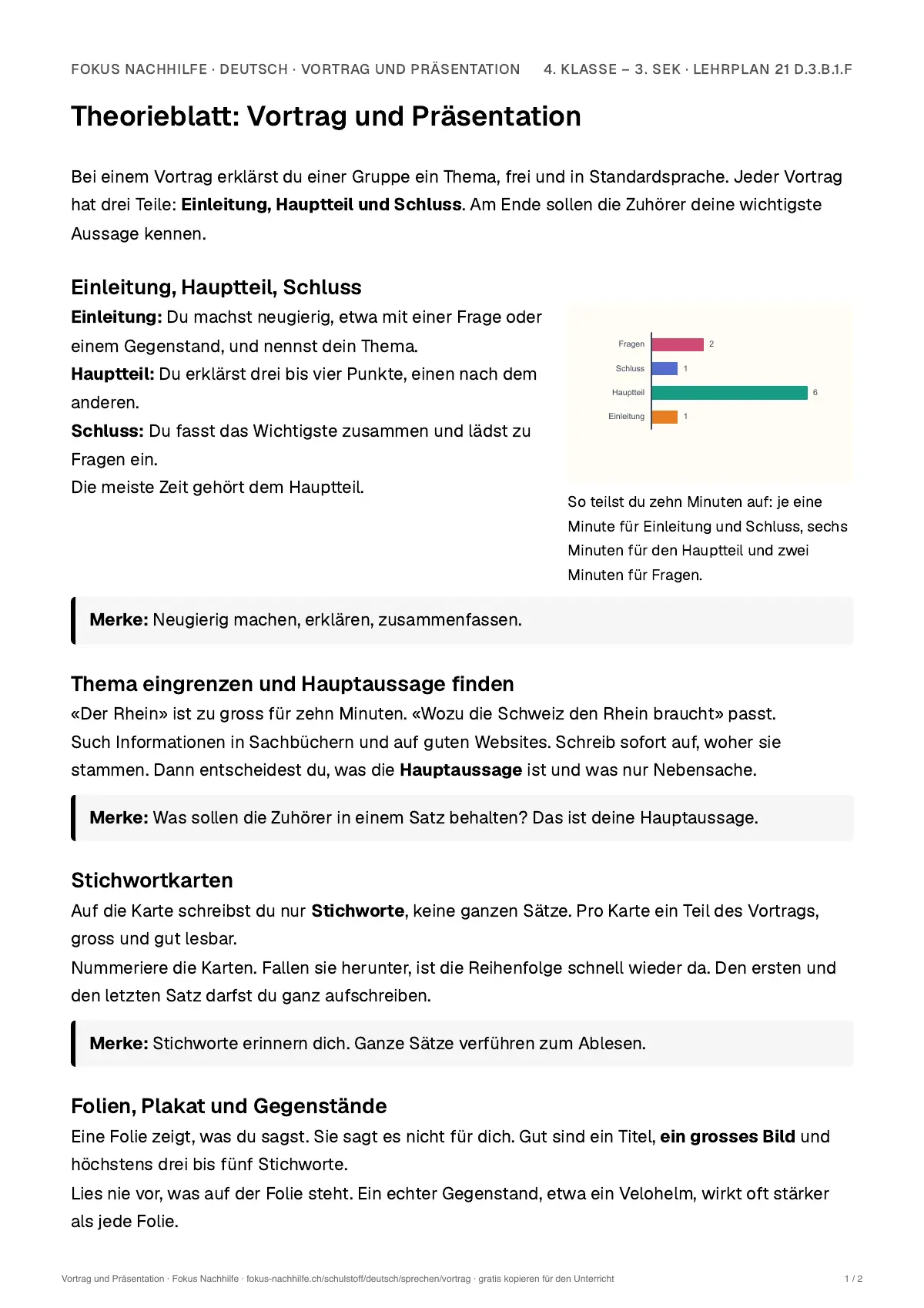 Theorieblatt Vortrag und Präsentation zum Ausdrucken: erste Seite der Erklärung