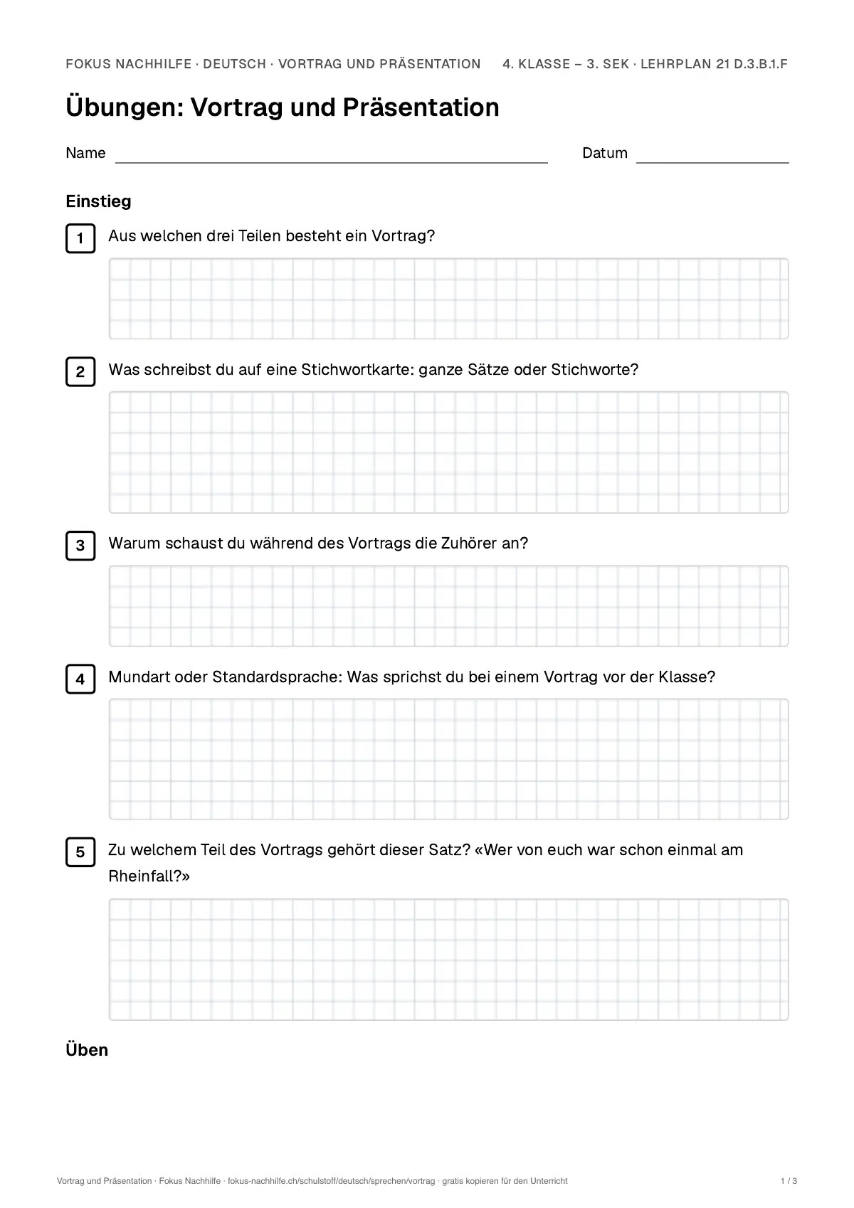 Übungsblatt Vortrag und Präsentation zum Ausdrucken: erste Seite der Übungen, Lösungen auf eigenem Blatt