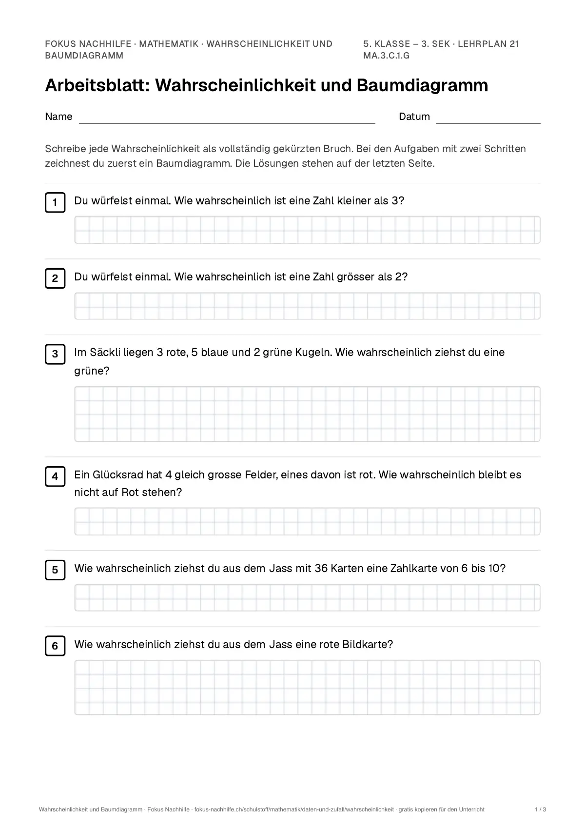 Arbeitsblatt Wahrscheinlichkeit und Baumdiagramm zum Ausfüllen mit Name und Datum: erste Seite, mit Lösungsblatt