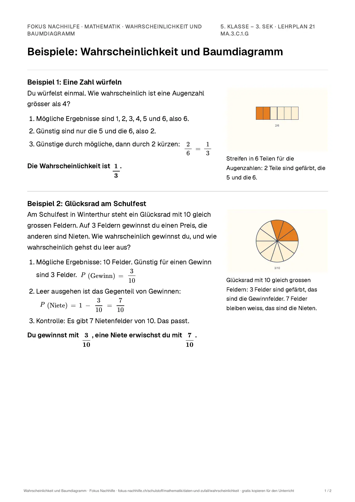 Beispiele Wahrscheinlichkeit und Baumdiagramm zum Ausdrucken: erste Seite, Aufgaben Schritt für Schritt gelöst