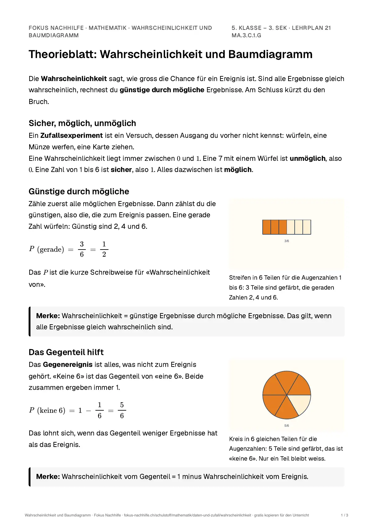 Theorieblatt Wahrscheinlichkeit und Baumdiagramm zum Ausdrucken: erste Seite der Erklärung