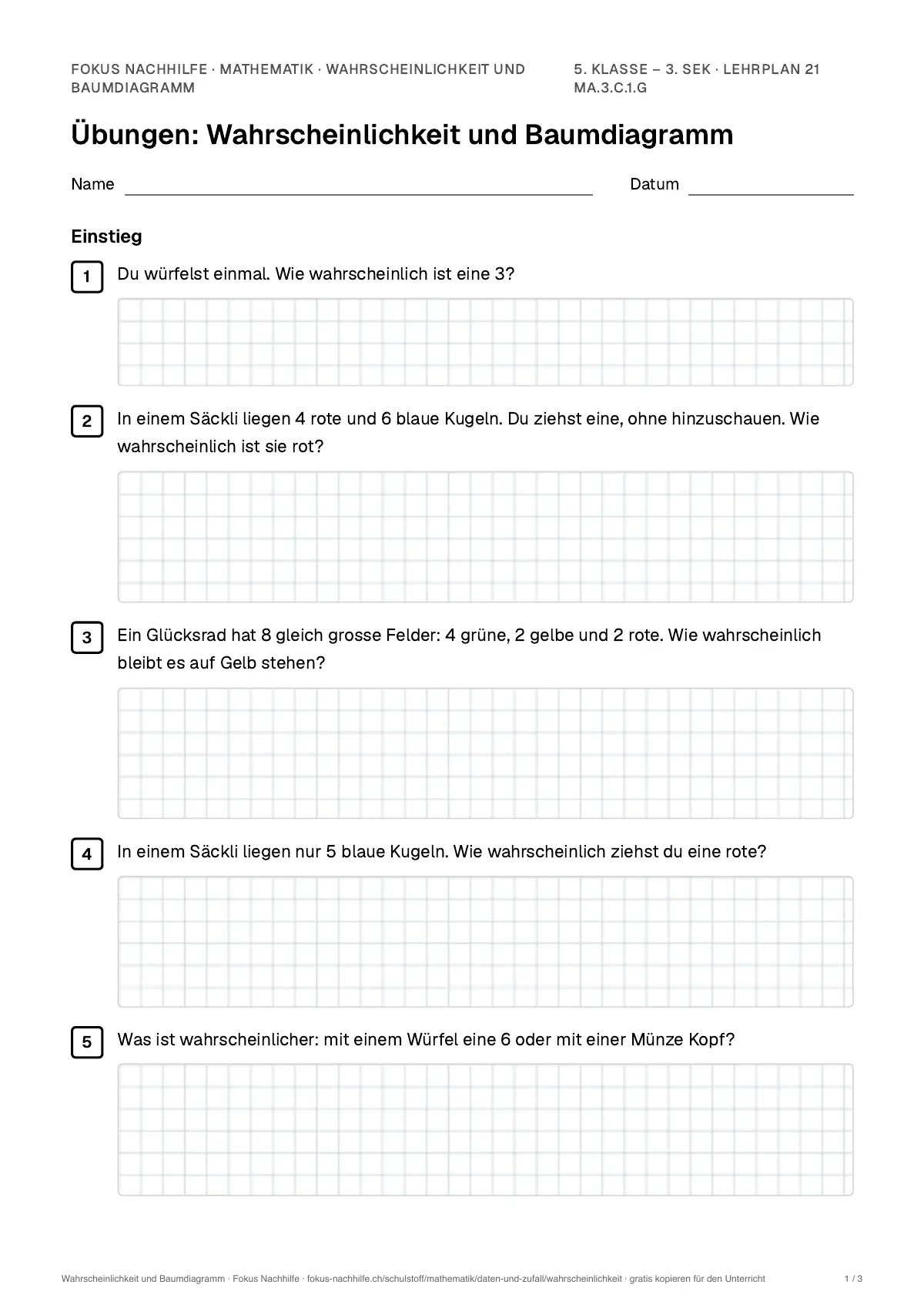 Übungsblatt Wahrscheinlichkeit und Baumdiagramm zum Ausdrucken: erste Seite der Übungen, Lösungen auf eigenem Blatt