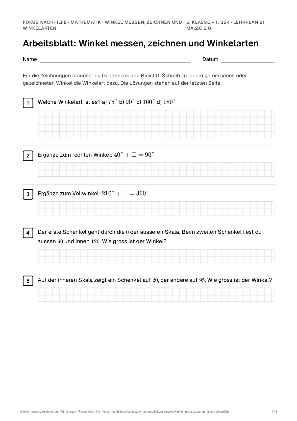 Arbeitsblatt Winkel messen, zeichnen und Winkelarten zum Ausfüllen mit Name und Datum: erste Seite, mit Lösungsblatt
