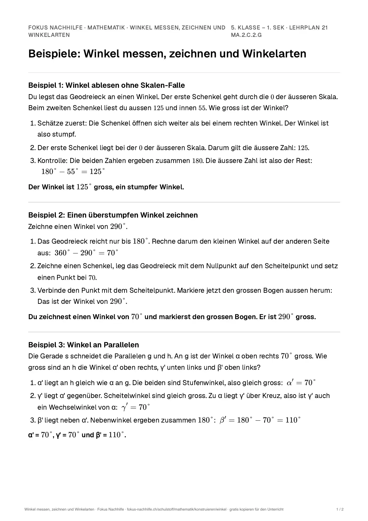 Beispiele Winkel messen, zeichnen und Winkelarten zum Ausdrucken: erste Seite, Aufgaben Schritt für Schritt gelöst