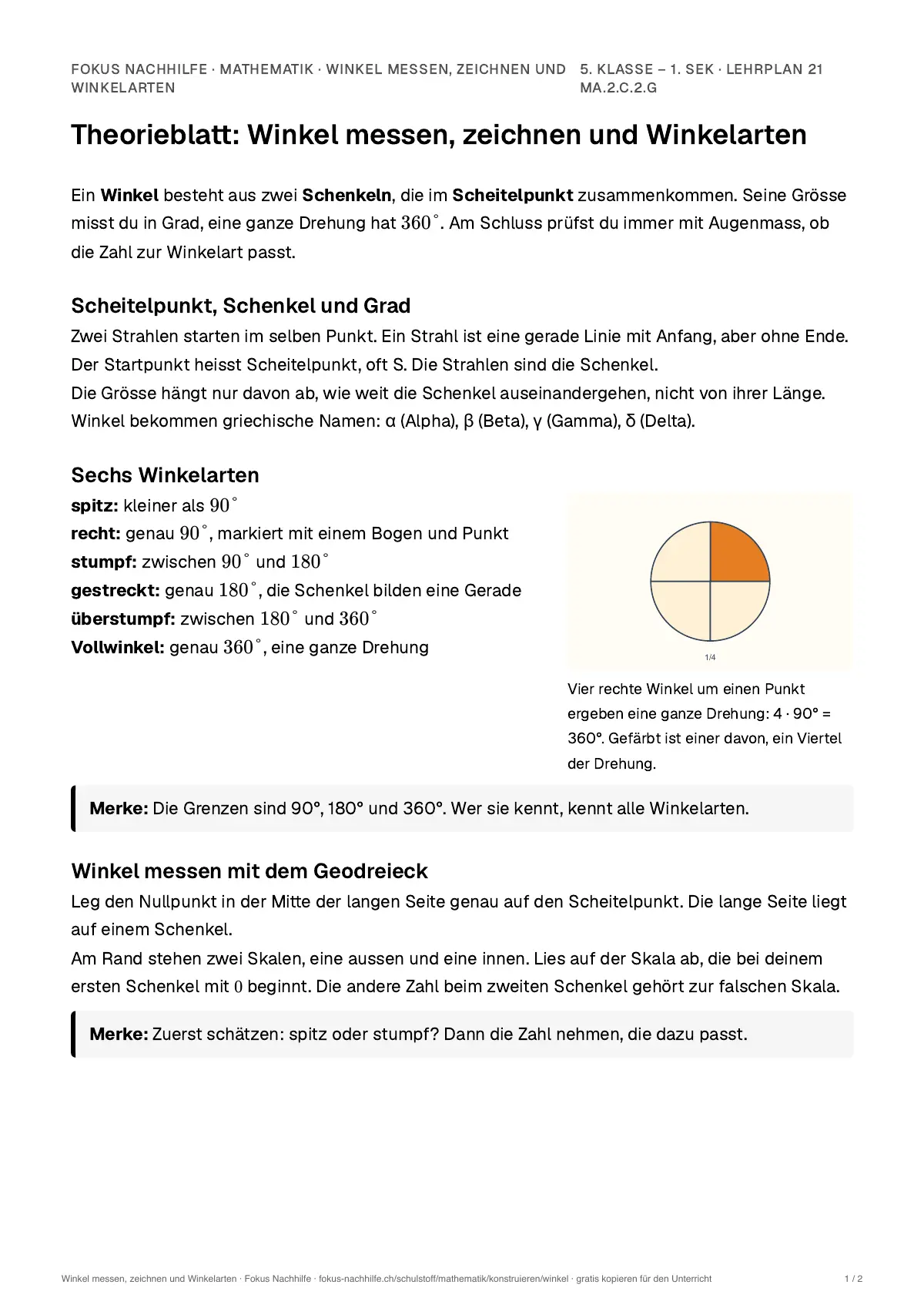 Theorieblatt Winkel messen, zeichnen und Winkelarten zum Ausdrucken: erste Seite der Erklärung