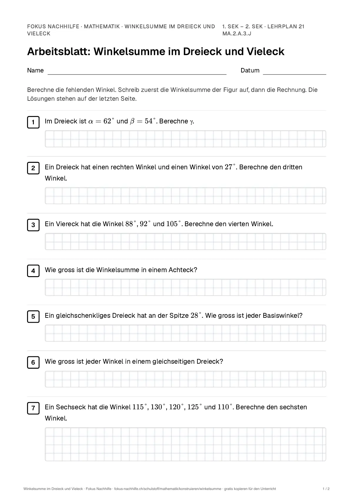 Arbeitsblatt Winkelsumme im Dreieck und Vieleck zum Ausfüllen mit Name und Datum: erste Seite, mit Lösungsblatt