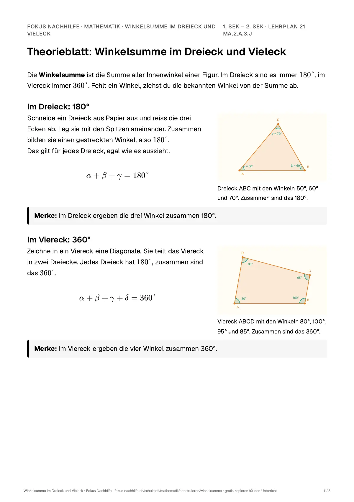 Theorieblatt Winkelsumme im Dreieck und Vieleck zum Ausdrucken: erste Seite der Erklärung