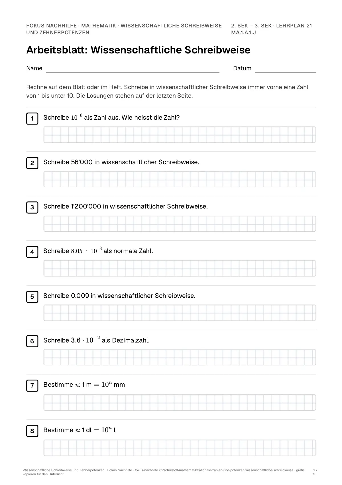 Arbeitsblatt Wissenschaftliche Schreibweise und Zehnerpotenzen zum Ausfüllen mit Name und Datum: erste Seite, mit Lösungsblatt