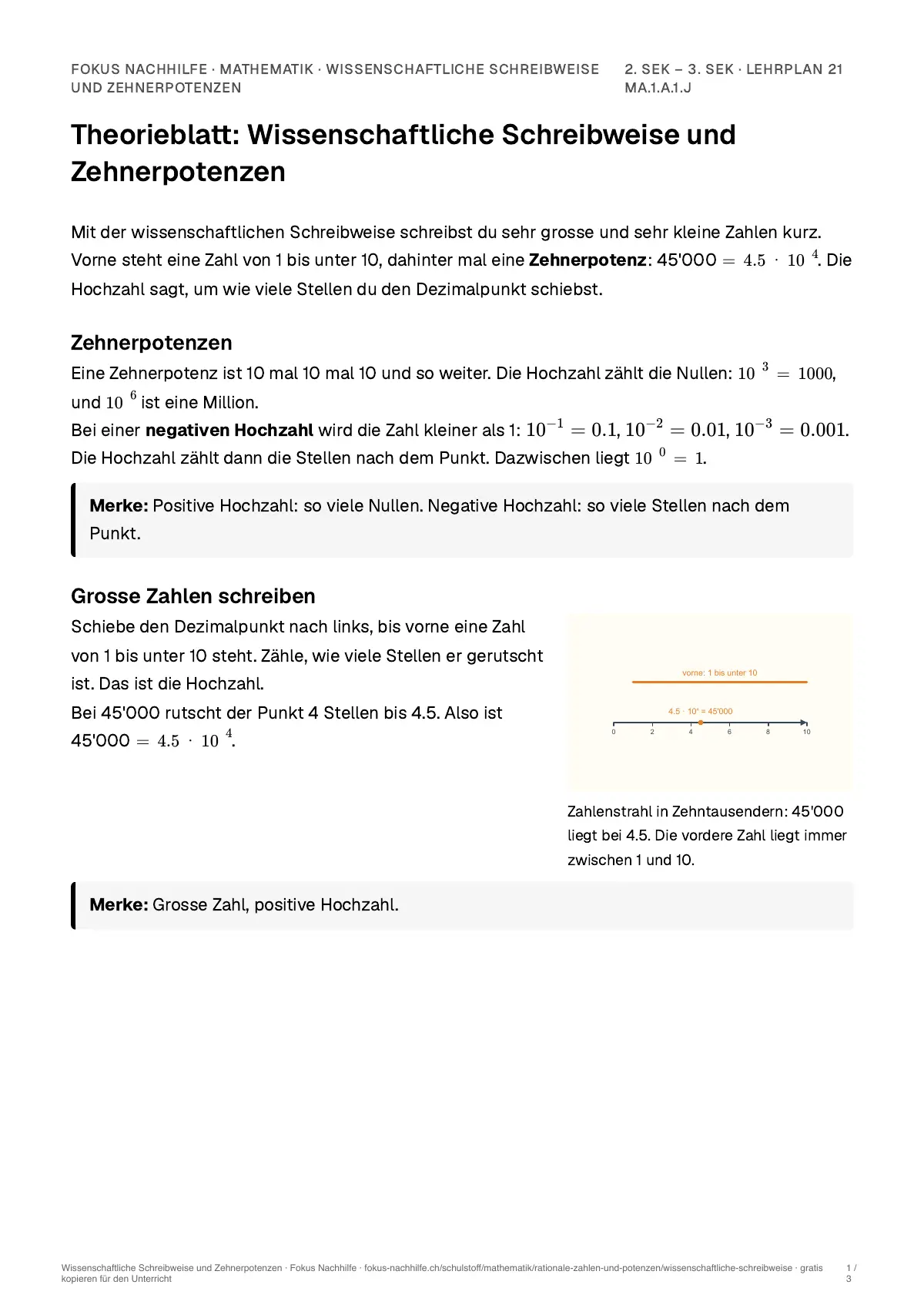 Theorieblatt Wissenschaftliche Schreibweise und Zehnerpotenzen zum Ausdrucken: erste Seite der Erklärung