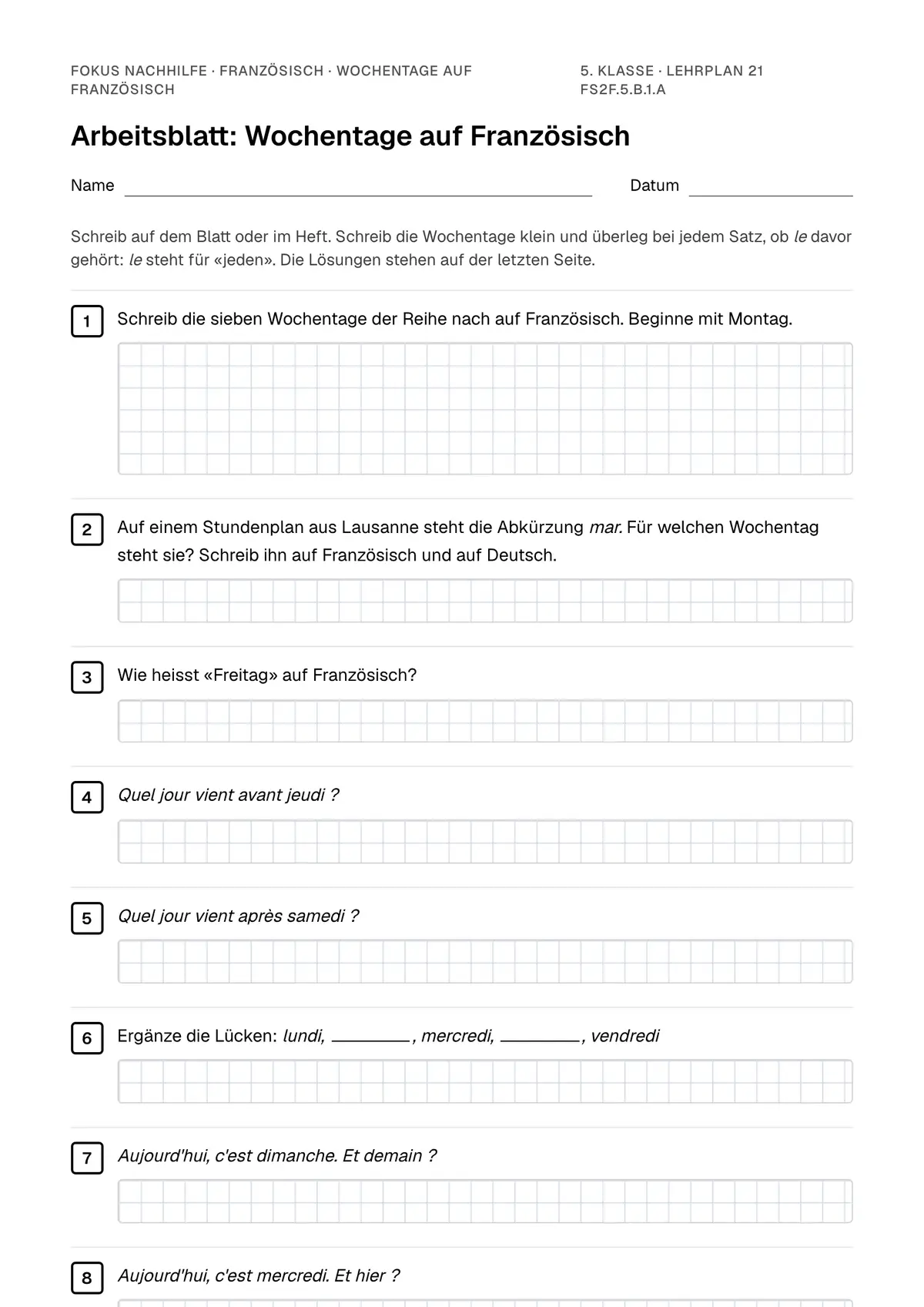 Arbeitsblatt Wochentage auf Französisch zum Ausfüllen mit Name und Datum: erste Seite, mit Lösungsblatt