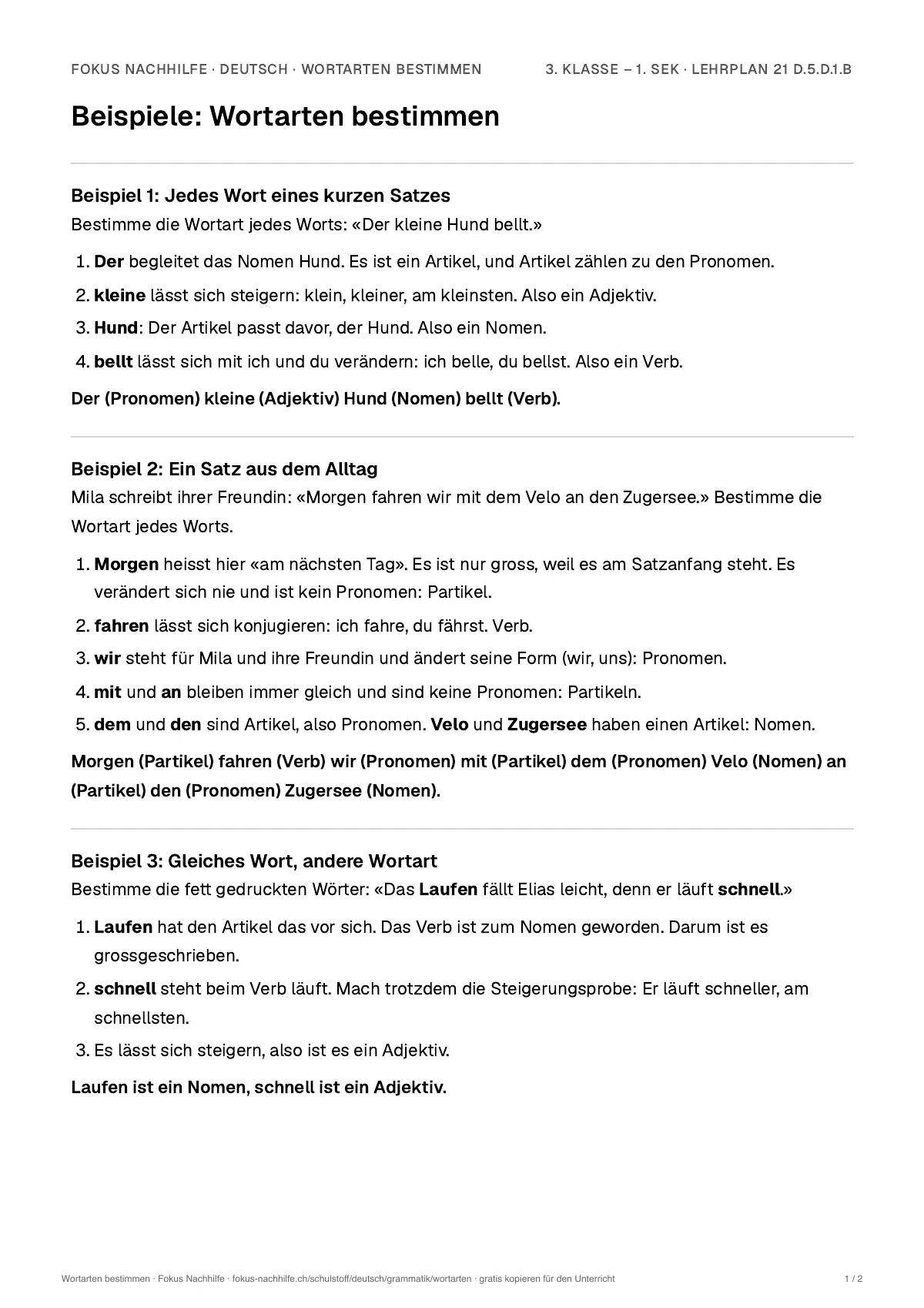 Beispiele Wortarten bestimmen zum Ausdrucken: erste Seite, Aufgaben Schritt für Schritt gelöst