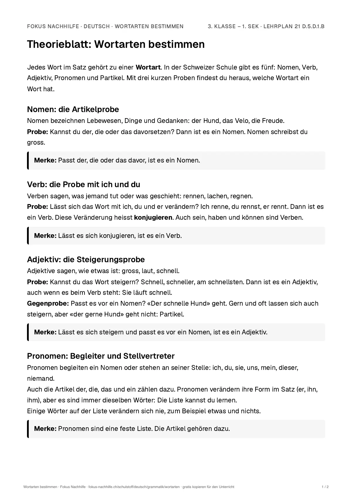 Theorieblatt Wortarten bestimmen zum Ausdrucken: erste Seite der Erklärung