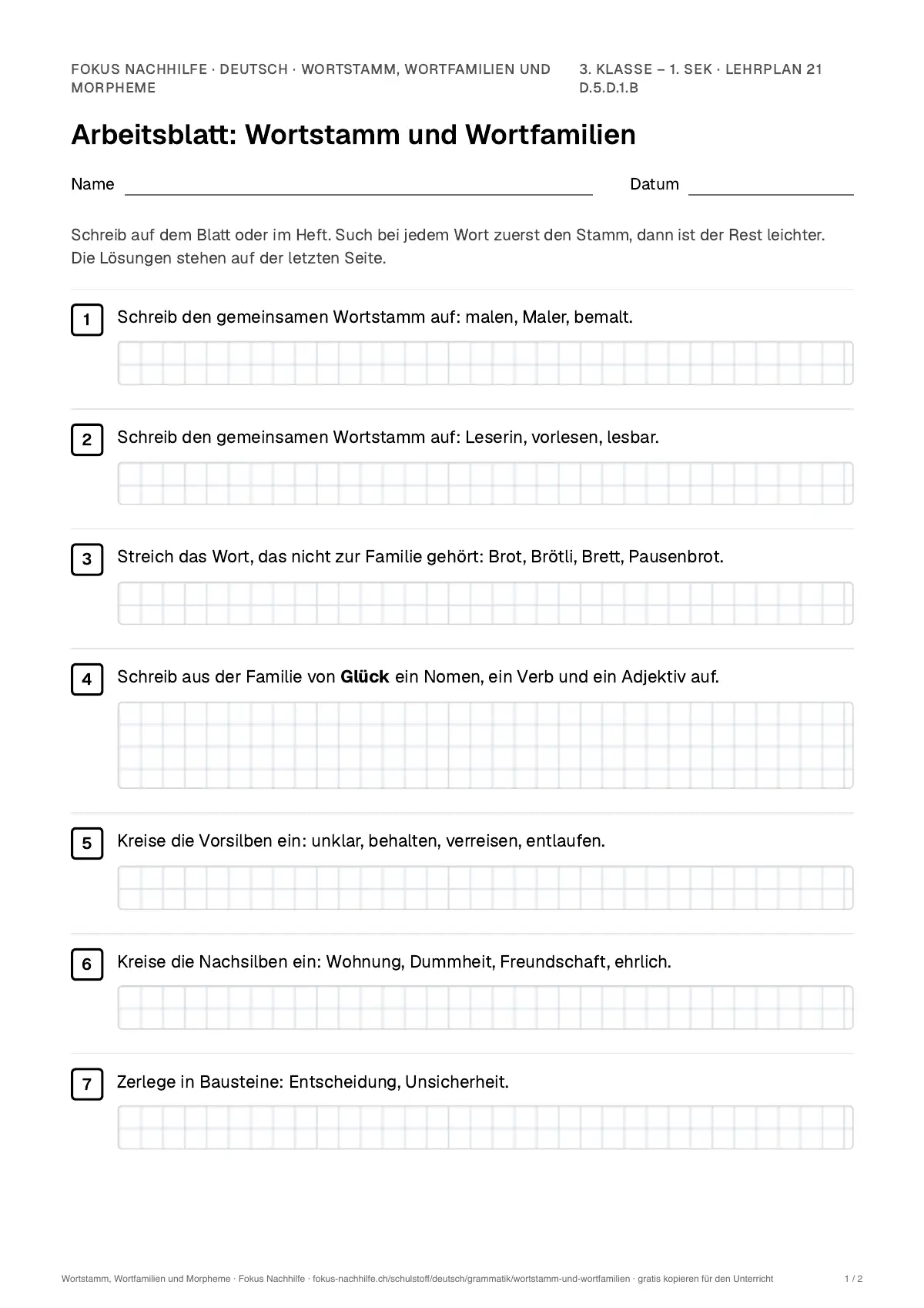 Arbeitsblatt Wortstamm, Wortfamilien und Morpheme zum Ausfüllen mit Name und Datum: erste Seite, mit Lösungsblatt