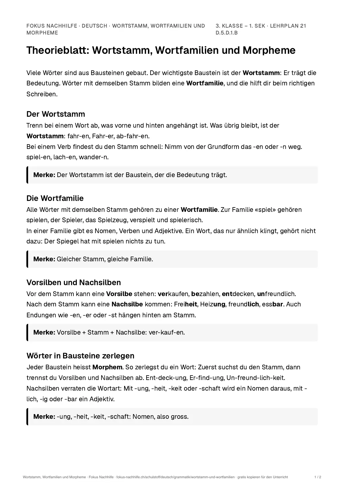 Theorieblatt Wortstamm, Wortfamilien und Morpheme zum Ausdrucken: erste Seite der Erklärung