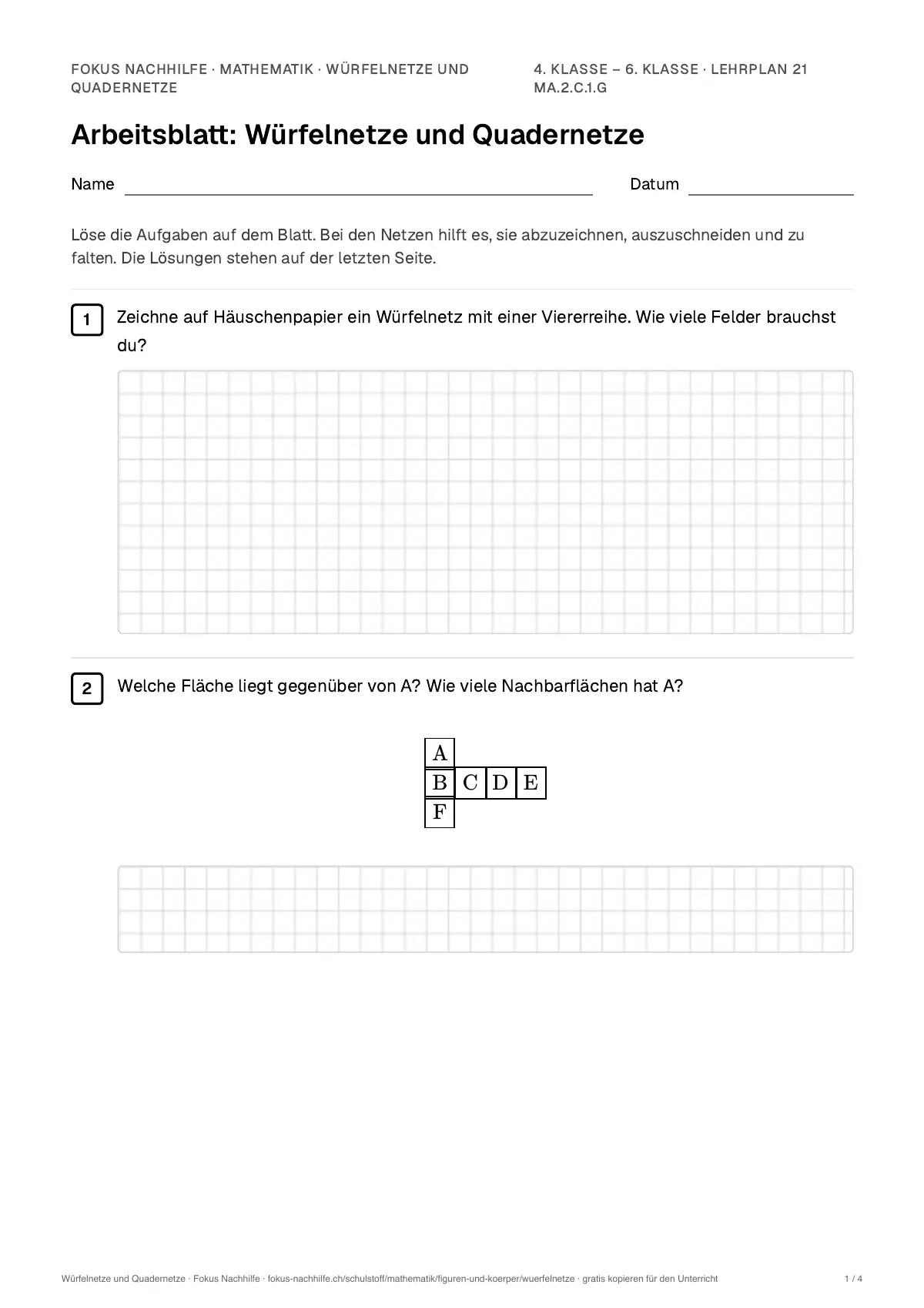 Arbeitsblatt Würfelnetze und Quadernetze zum Ausfüllen mit Name und Datum: erste Seite, mit Lösungsblatt