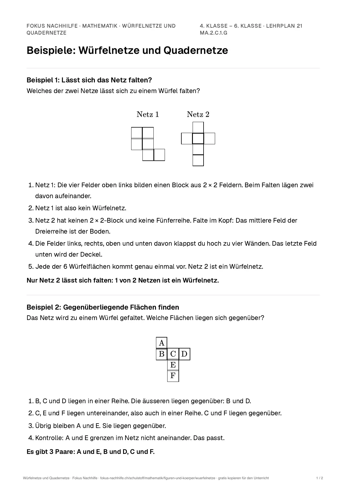 Beispiele Würfelnetze und Quadernetze zum Ausdrucken: erste Seite, Aufgaben Schritt für Schritt gelöst