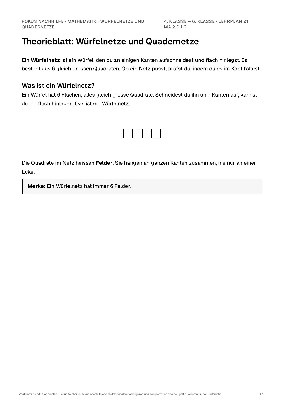 Theorieblatt Würfelnetze und Quadernetze zum Ausdrucken: erste Seite der Erklärung
