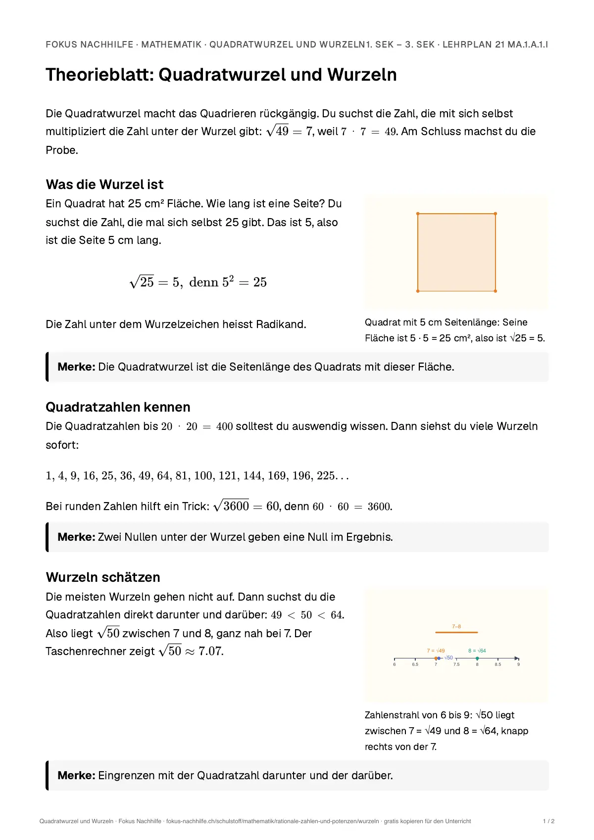 Theorieblatt Quadratwurzel und Wurzeln zum Ausdrucken: erste Seite der Erklärung