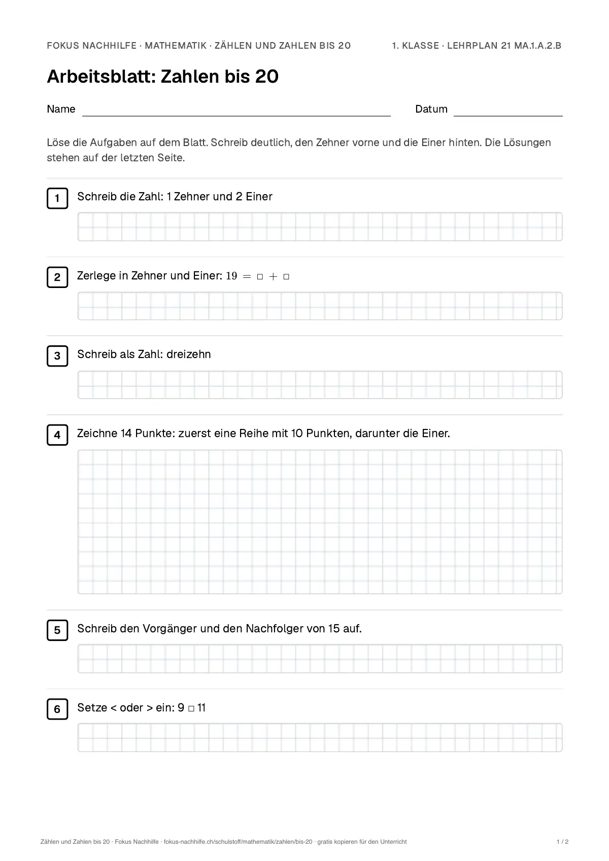 Arbeitsblatt Zählen und Zahlen bis 20 zum Ausfüllen mit Name und Datum: erste Seite, mit Lösungsblatt