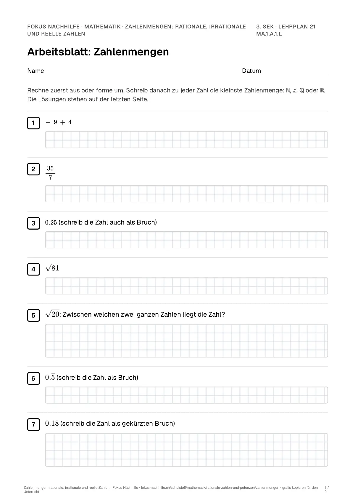 Arbeitsblatt Zahlenmengen: rationale, irrationale und reelle Zahlen zum Ausfüllen mit Name und Datum: erste Seite, mit Lösungsblatt